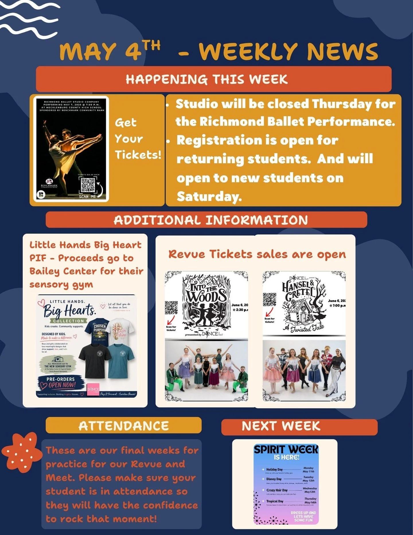 ✨ Weekly News &ndash; May 4th ✨

We have a BIG and exciting week ahead at Dance It Out!

🎭 Don&rsquo;t Miss It!
Our studio will be closed Thursday as we support the Richmond Ballet Studio Company performance at Mecklenburg County High School. T