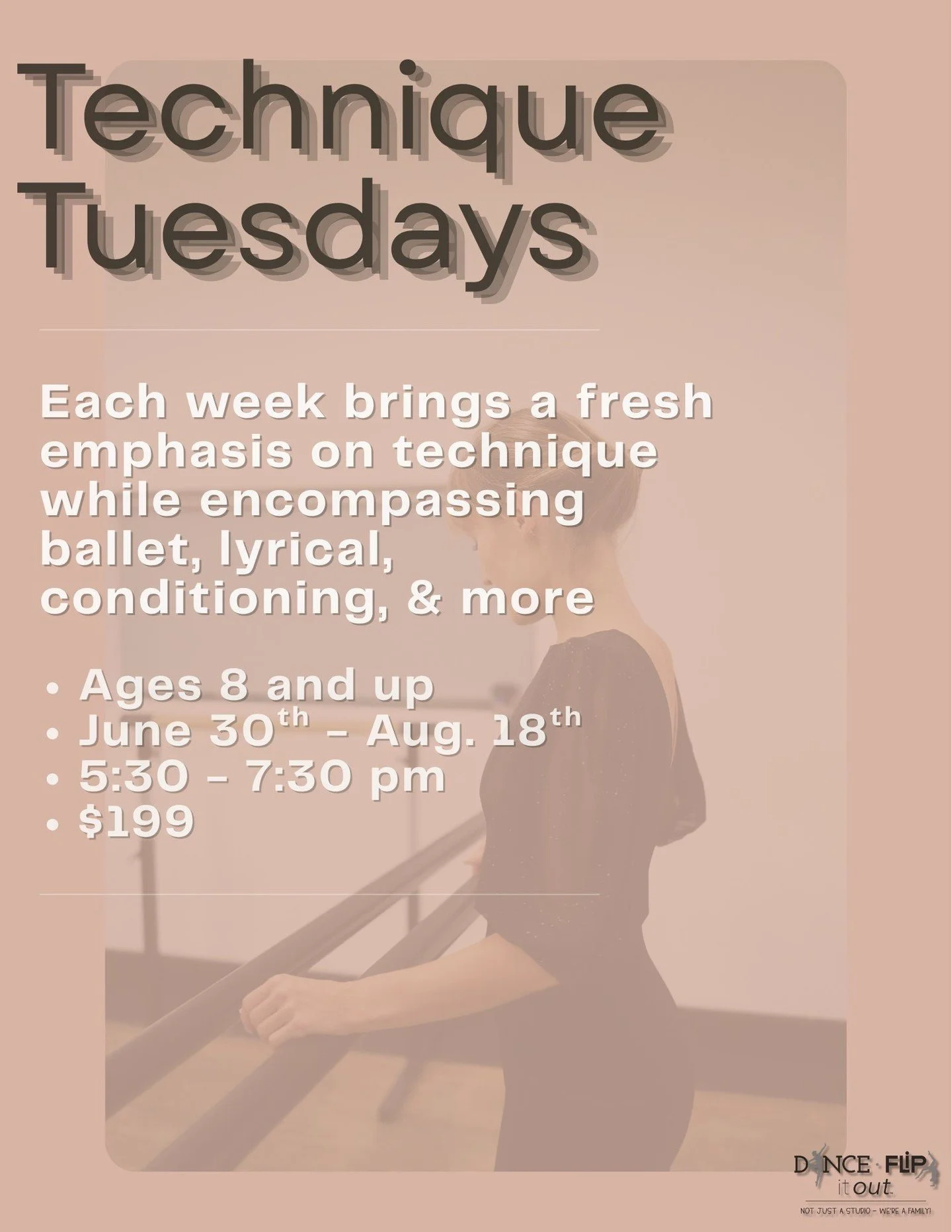 Technique Tuesdays

🩰✨ Want to improve your technique this summer?

Our Technique Tuesdays classes focus on strengthening ballet fundamentals while also incorporating lyrical, conditioning, and more to help dancers grow stronger and more confide