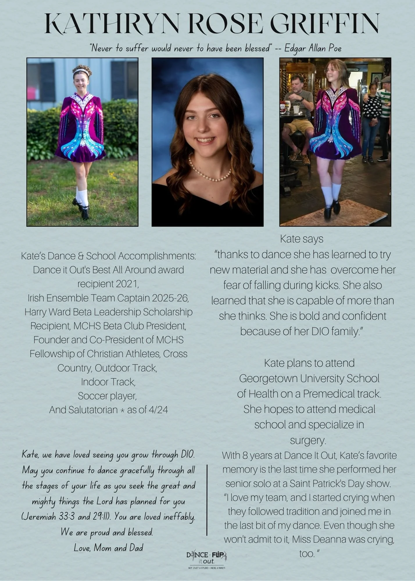 ✨🎓 Senior Spotlight: Kathryn Rose Griffin 🎓✨

Join us in celebrating Kate as she graduates and takes her next big step! 💫

From earning Dance It Out&rsquo;s Best All Around Award to serving as Irish Ensemble Team Captain, Kate has been a true 