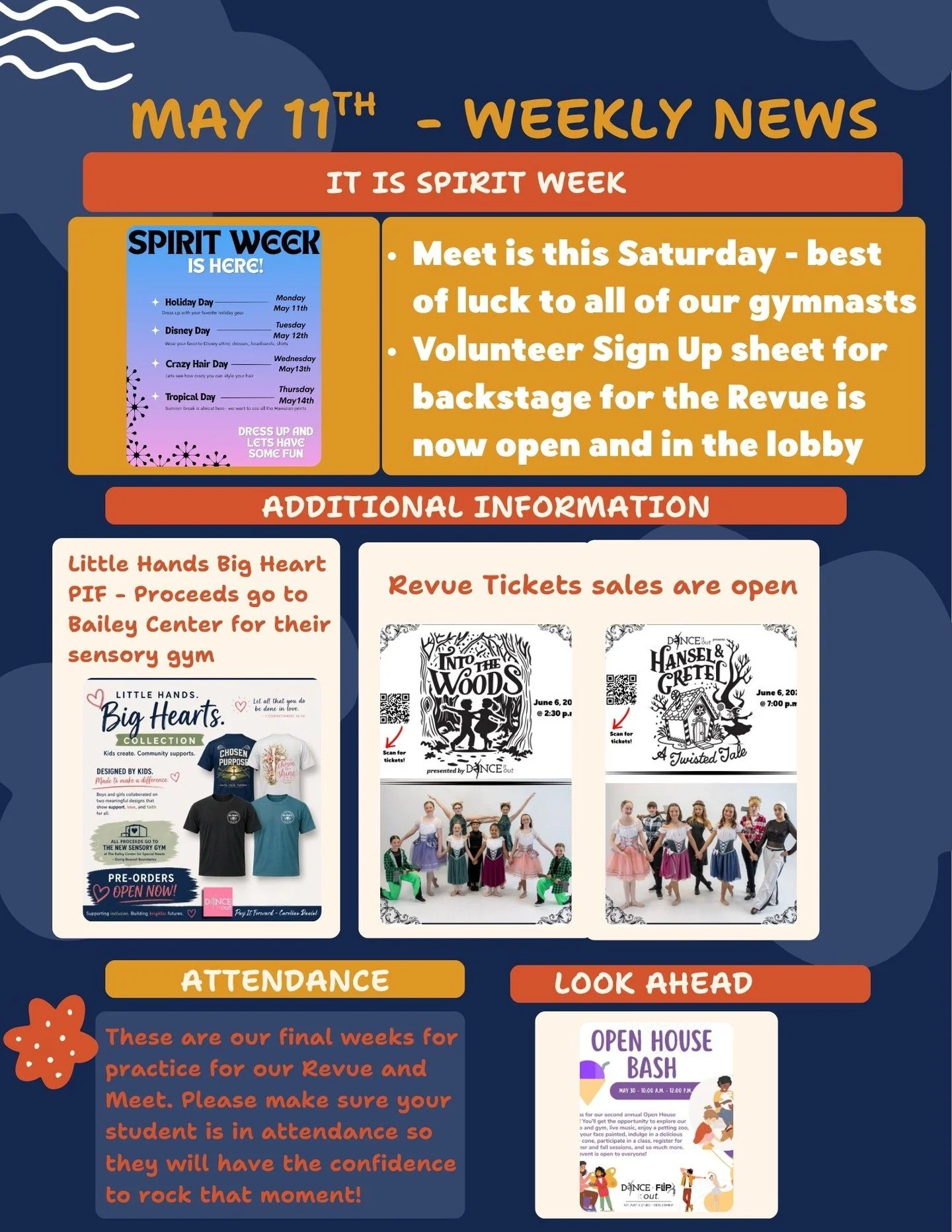It&rsquo;s Spirit Week at Dance It Out and Flip It Out! 🎉

Here&rsquo;s what&rsquo;s happening this week:
✨ Spirit Week is May 11&ndash;14 &mdash; we can&rsquo;t wait to see everyone dressed up and having fun!
🤸 Our gymnastics meet is this Satu