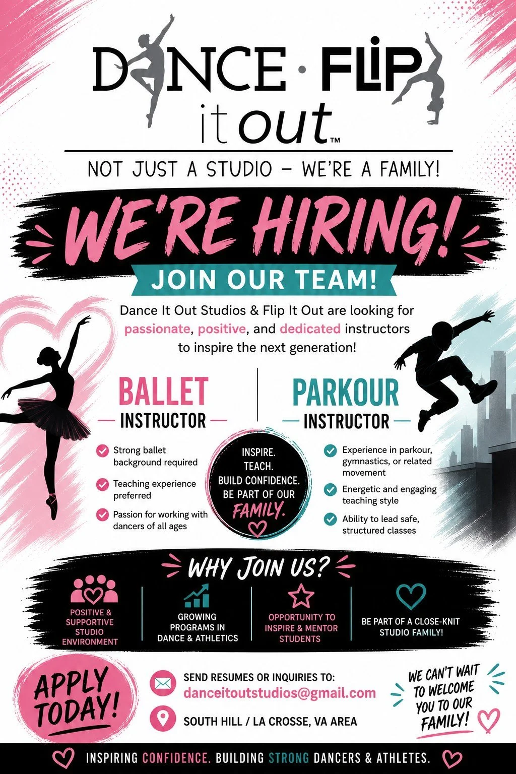 Dance It Out Studios &amp; Flip It Out are growing&mdash;and we&rsquo;re looking for passionate instructors to join our team!

We are currently hiring:
🩰 Ballet Instructor
🏃&zwj;♂️ Parkour Instructor

If you love working with students, creati
