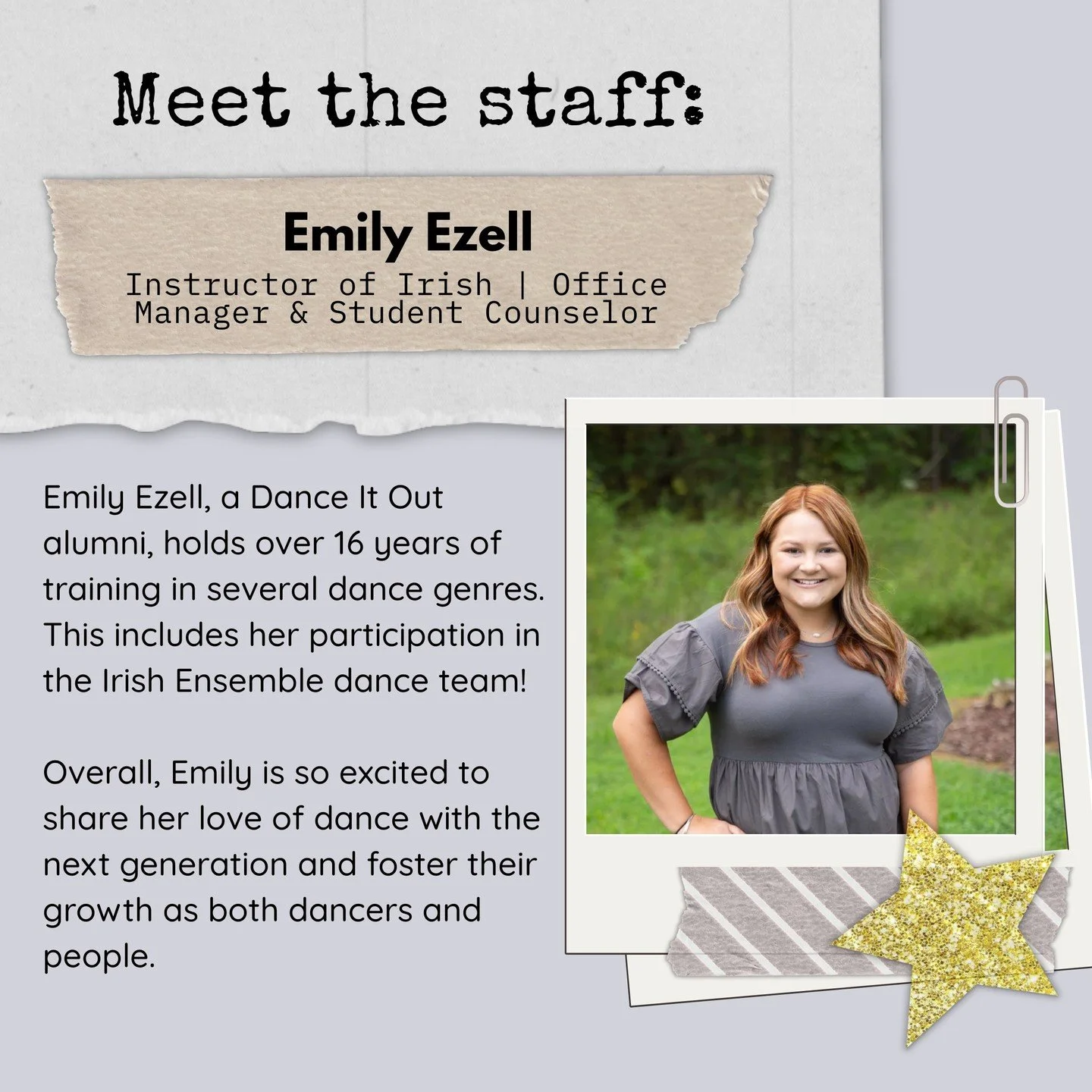 ⭐️ Get to know our staff! Here, we have Emily Ezell, an Office Manager and a Student Counselor, as well as an instructor. Emily teaches Irish dance at the studio! ⭐️