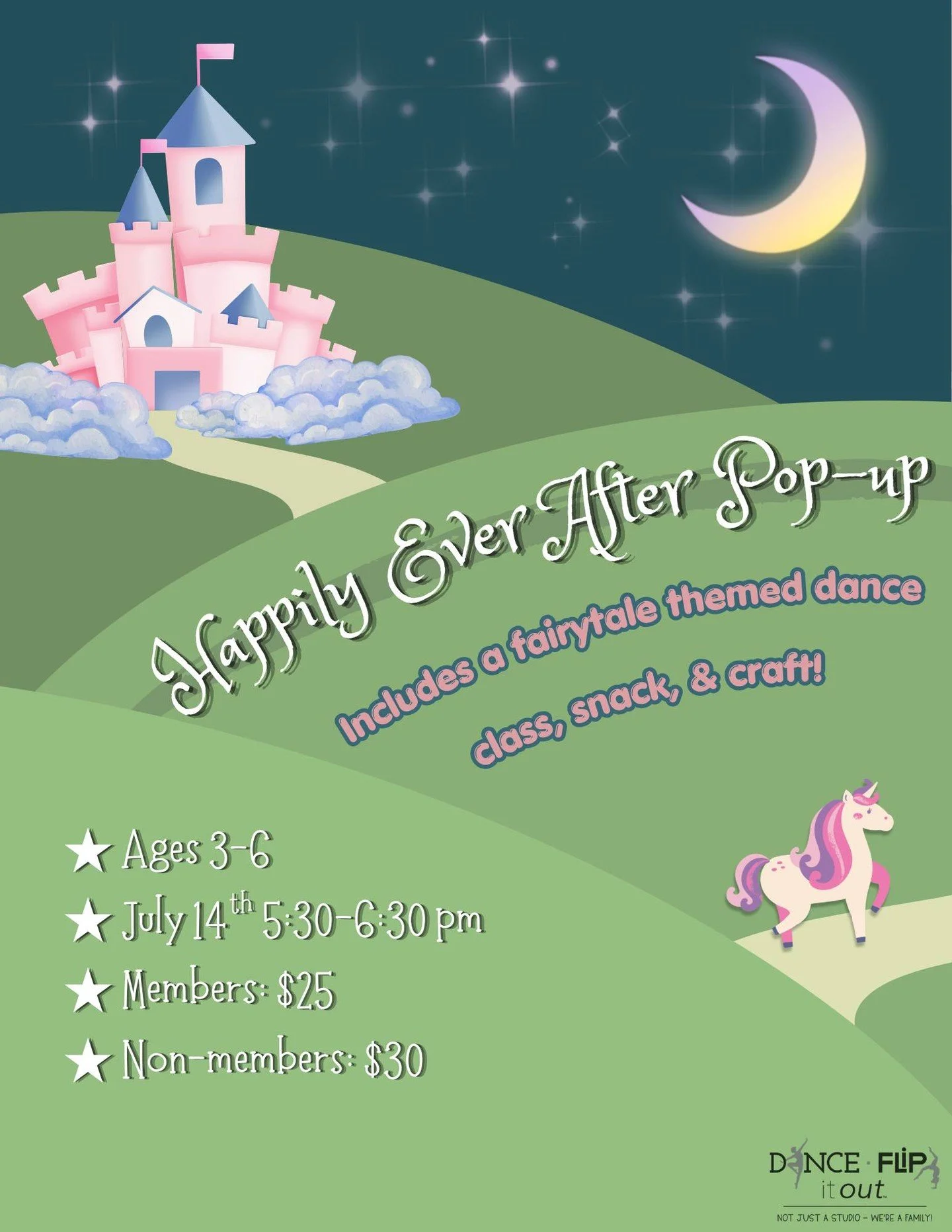 Happily Ever After Pop-Up Camp

🏰✨ Calling all princes and princesses!

Join us for a magical Happily Ever After fairy-tale themed dance camp with dancing, a craft, and a snack fit for royalty.

👑 Ages 3&ndash;6
📅 July 14 | 5:30&ndash;6:30 