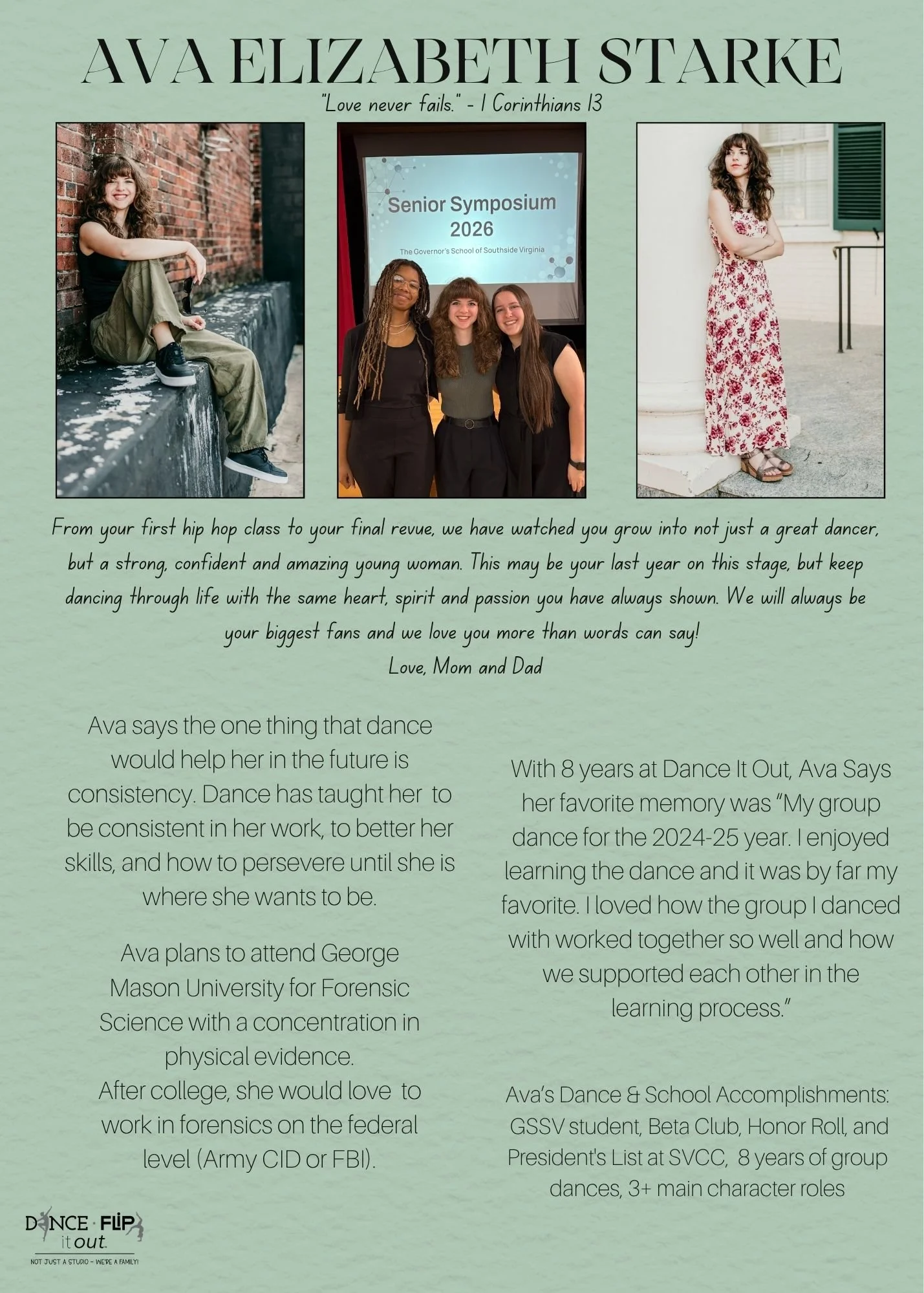 ✨🎓 Senior Spotlight: Ava Elizabeth Starke 🎓✨

Today we celebrate Ava and her incredible journey! 💫

From her very first hip hop class to her final revue, Ava has grown into a strong, confident, and passionate young woman. Dance has taught her 