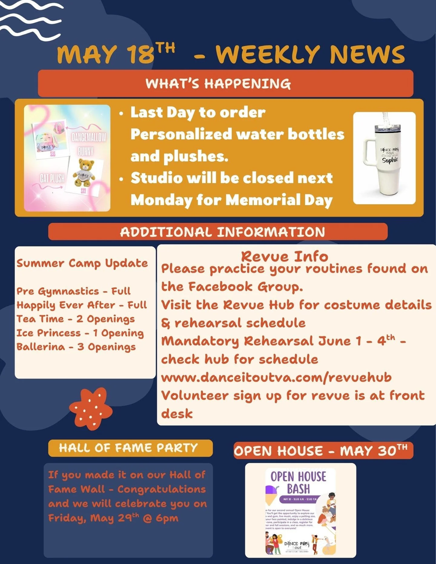 ✨ Weekly News &ndash; May 18th! ✨

We have a busy and exciting week ahead at Dance It Out and Flip It Out!

💧 Today is the last day to order personalized water bottles and plushes!
🇺🇸 The studio will be closed next Monday for Memorial Day.
☀