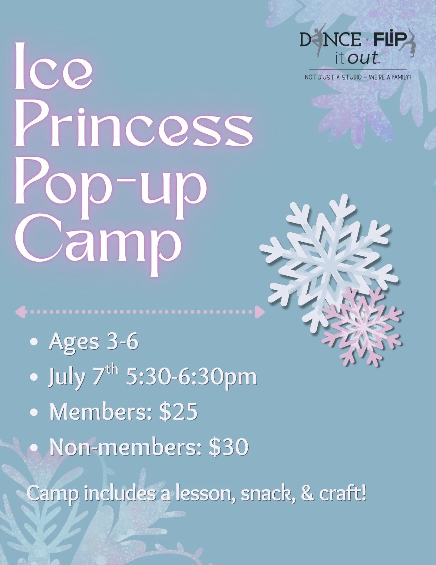 Ice Princess Pop-Up Camp

❄️👑 Calling all Ice Princesses!

Join us for a magical evening of dancing, a themed craft, and a snack. Perfect for dancers who love all things winter and royal fun!

✨ Ages 3&ndash;6
📅 July 7 | 5:30&ndash;6:30 pm
