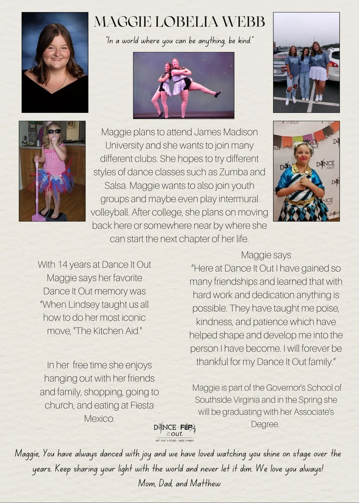 ✨🎓 Senior Spotlight: Maggie Lobelia Webb 🎓✨

Today we celebrate Maggie and her incredible 14-year journey at Dance It Out! 💫

From learning iconic moves like &ldquo;The Kitchen Aid&rdquo; to building lifelong friendships, Maggie has truly grow