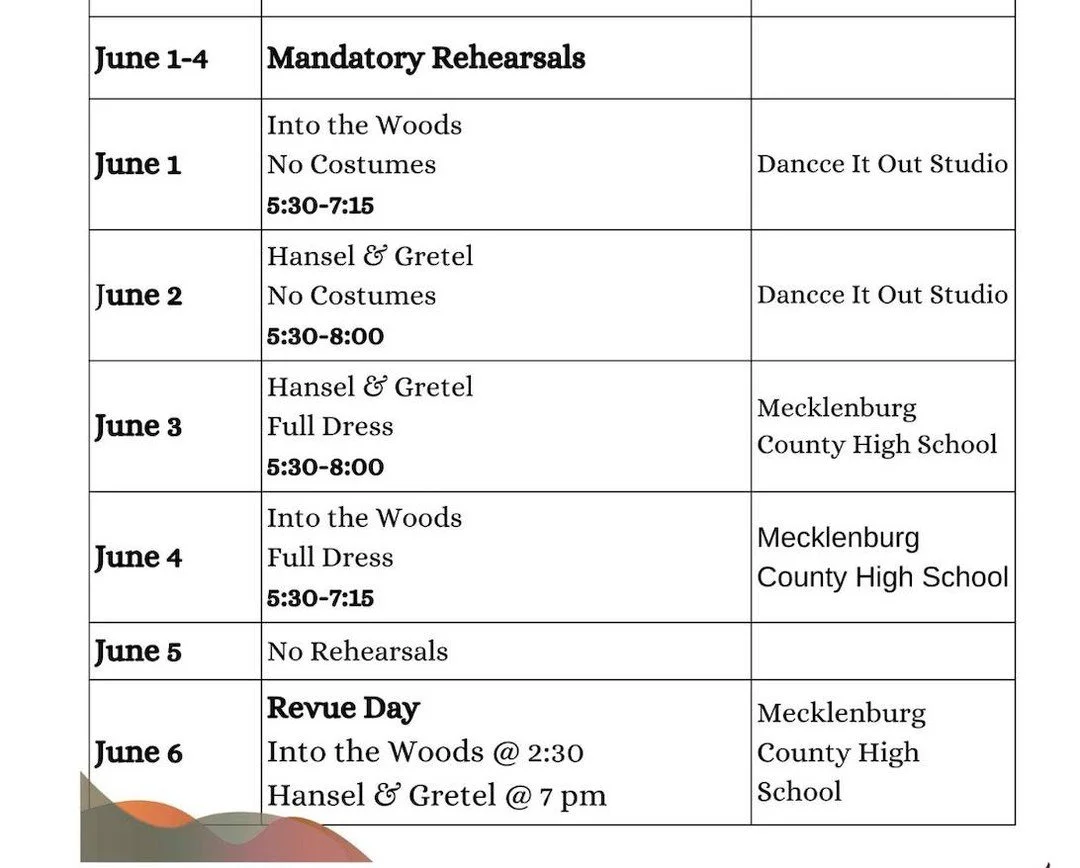 ✨ Revue week is almost here! ✨

Please take a moment to review our mandatory rehearsal schedule for June 1&ndash;4. These rehearsals are so important as we get ready to bring Into the Woods and Hansel &amp; Gretel to the stage!

A few reminders:
