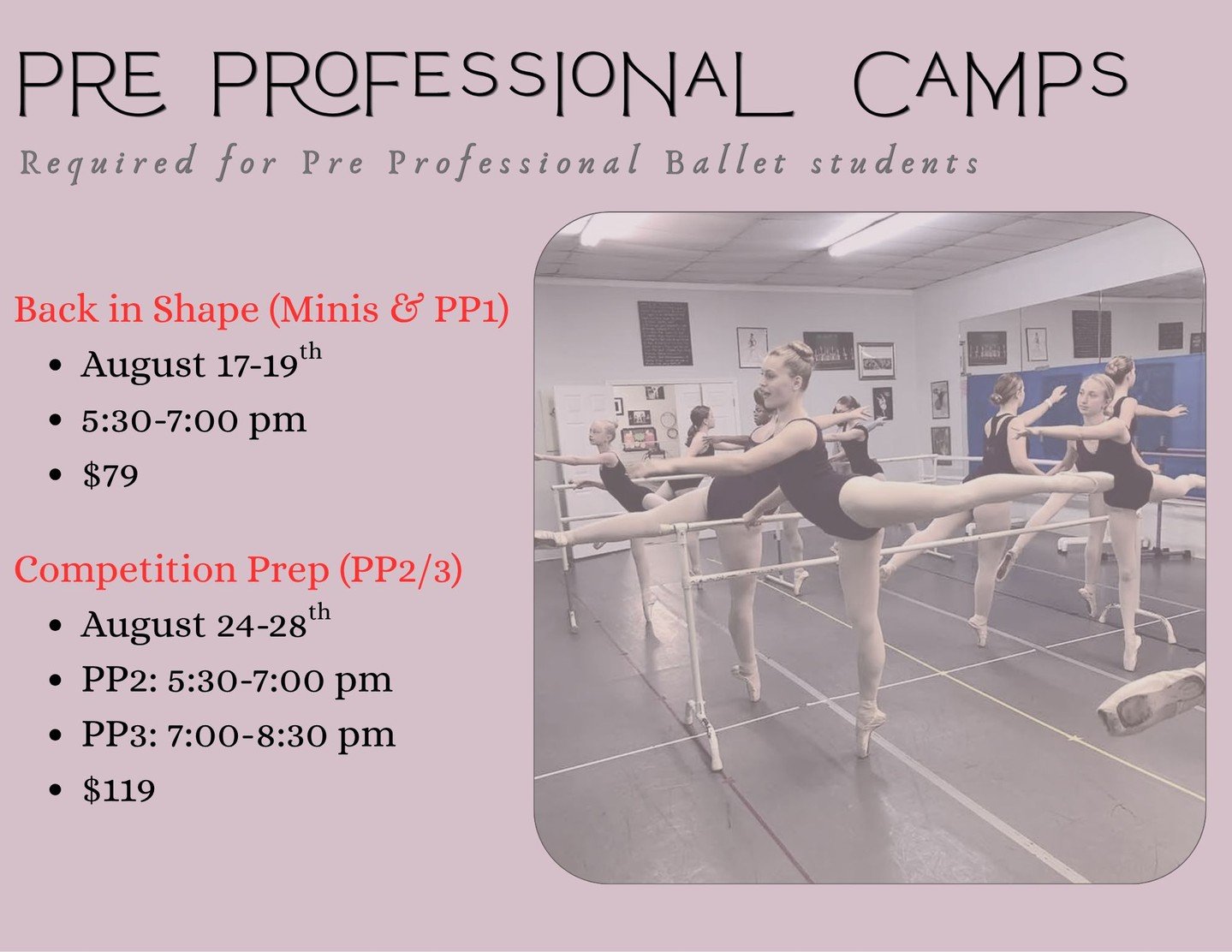 🩰✨ Pre-Pro dancers&mdash;summer training starts here!

Our Pre-Professional Summer Camps are required for Pre-Pro ballet students and focus on technique, strength, and preparing dancers for the upcoming season.

Back in Shape (Minis &amp; PP1)
