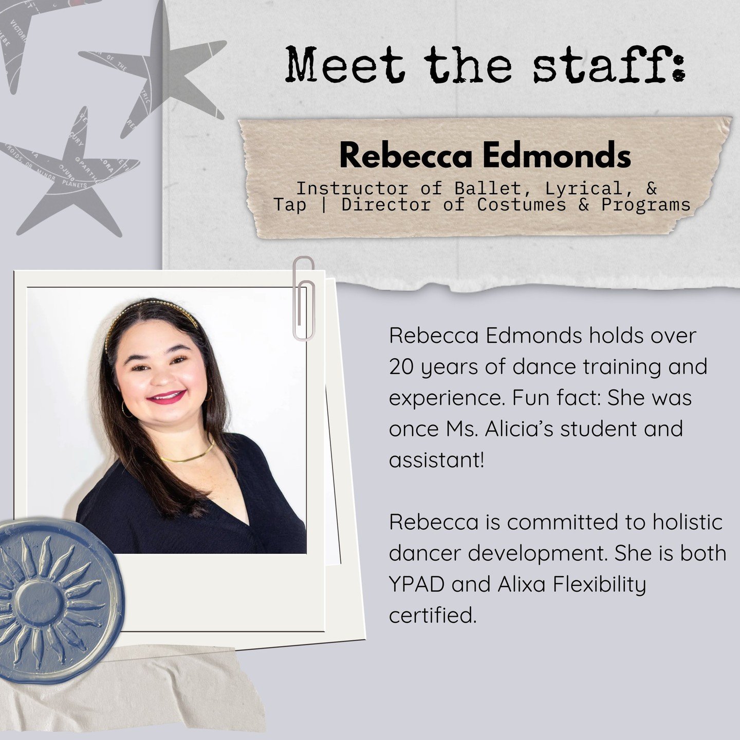 ⭐️ Next, get to know Rebecca Edmunds, one of our instructors and the Director of Programs and Costumes! Rebecca currently teaches ballet, lyrical, and tap. ⭐️