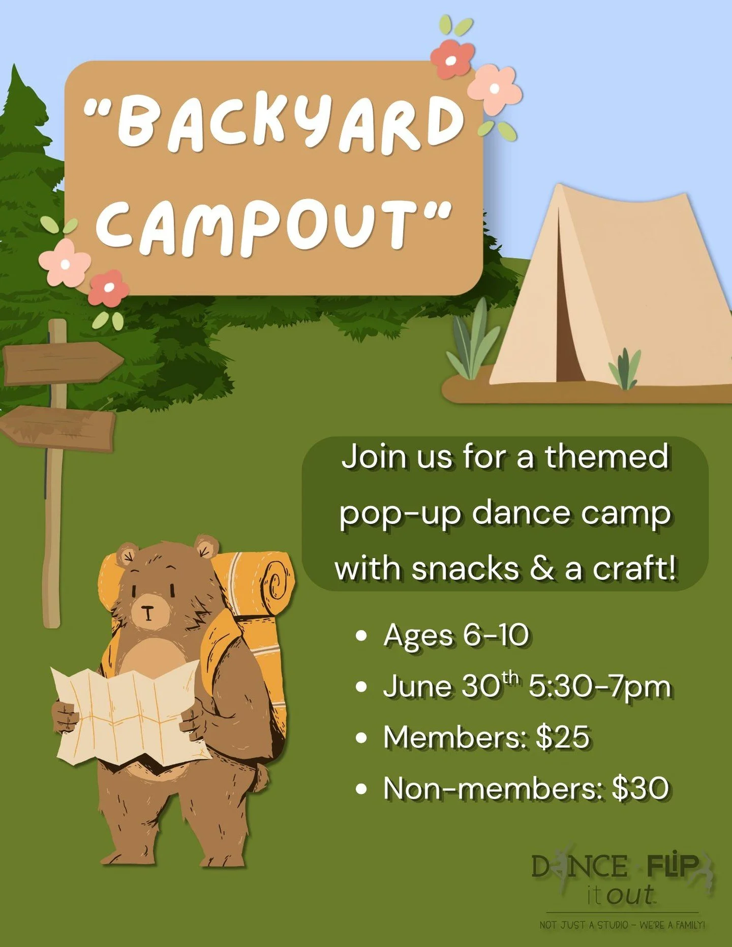 Backyard Campout Pop-Up Camp

🏕️✨ Calling all adventurers!

Join us for our Backyard Campout Pop-Up Camp featuring dancing, a fun craft, and snacks! 
This is the perfect one-night mini camp full of movement and imagination.

🌲 Ages 6&ndash;1