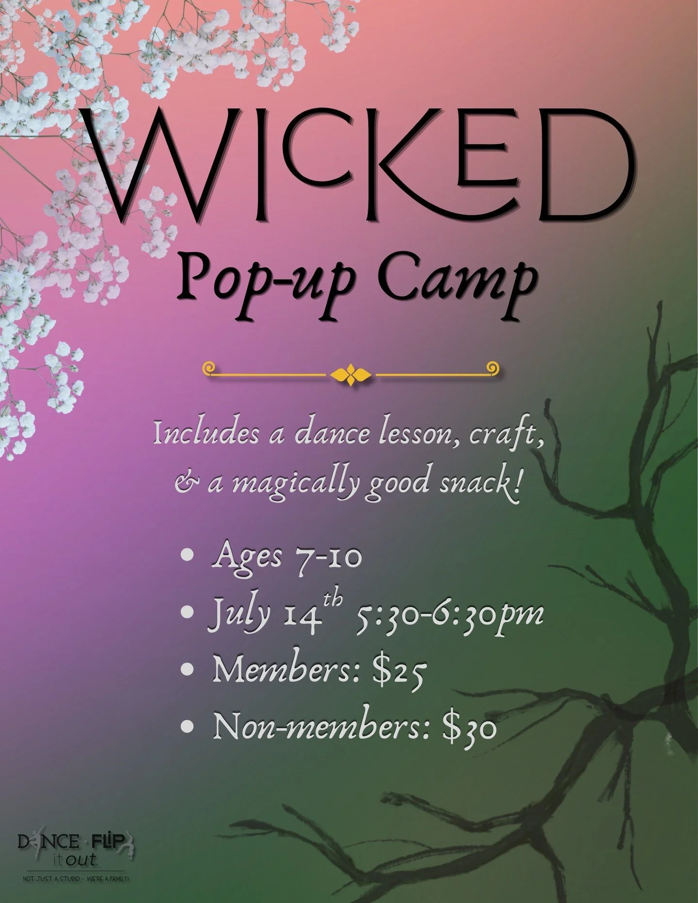 Wicked Pop-Up Camp

🧹✨ Something wickedly fun is coming!

Join us for our Wicked Pop-Up Camp featuring a themed dance class, craft, and snack inspired by the magic of musical theatre.

⭐ Ages 7&ndash;10
📅 July 14 | 5:30&ndash;6:30 pm
💲 Mem