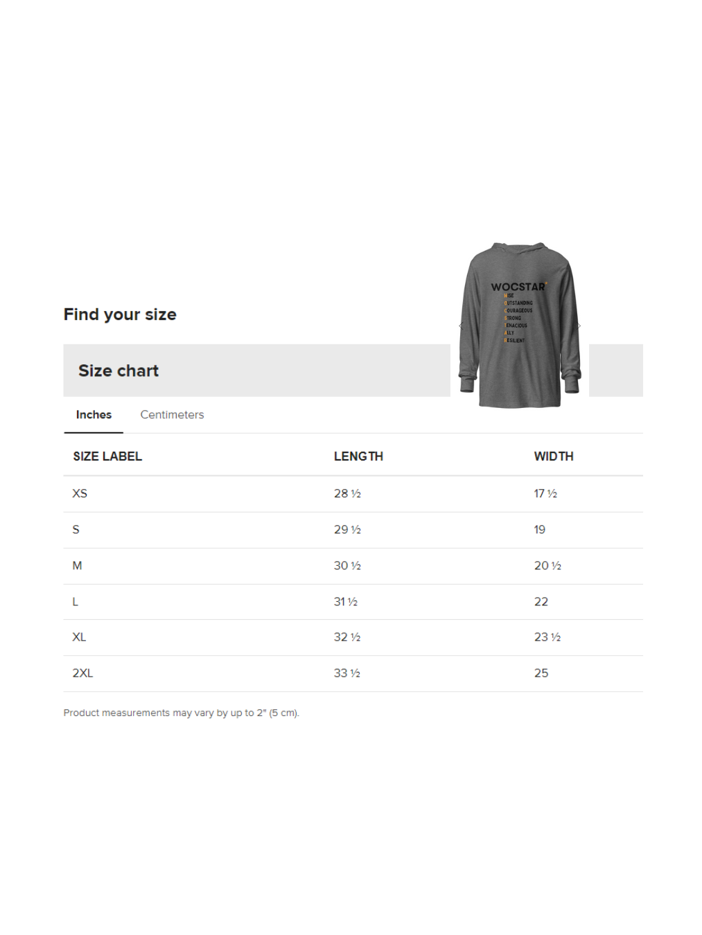 Size Chart Hoodie