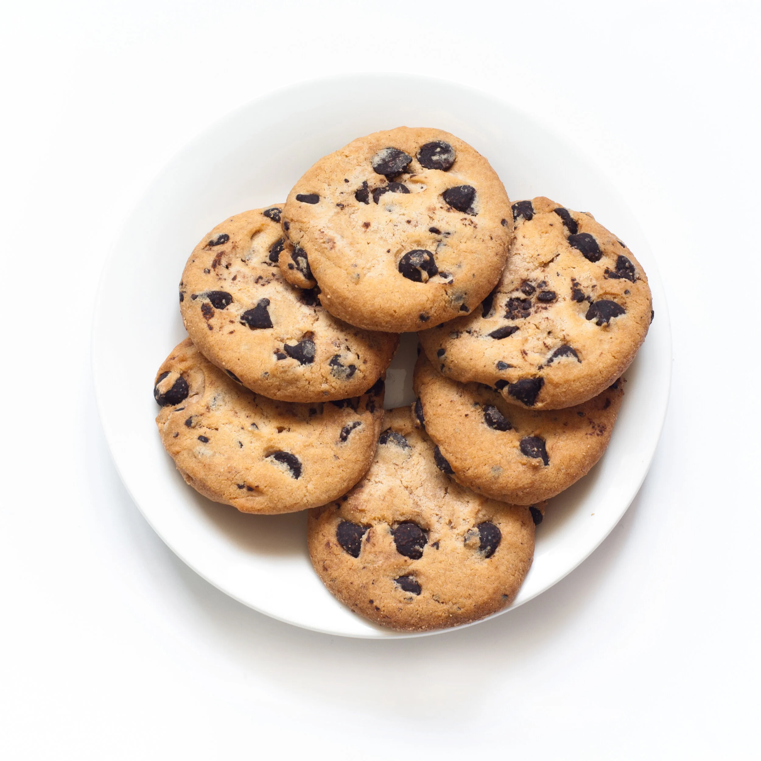 Chocolate chip cookies on a white plate