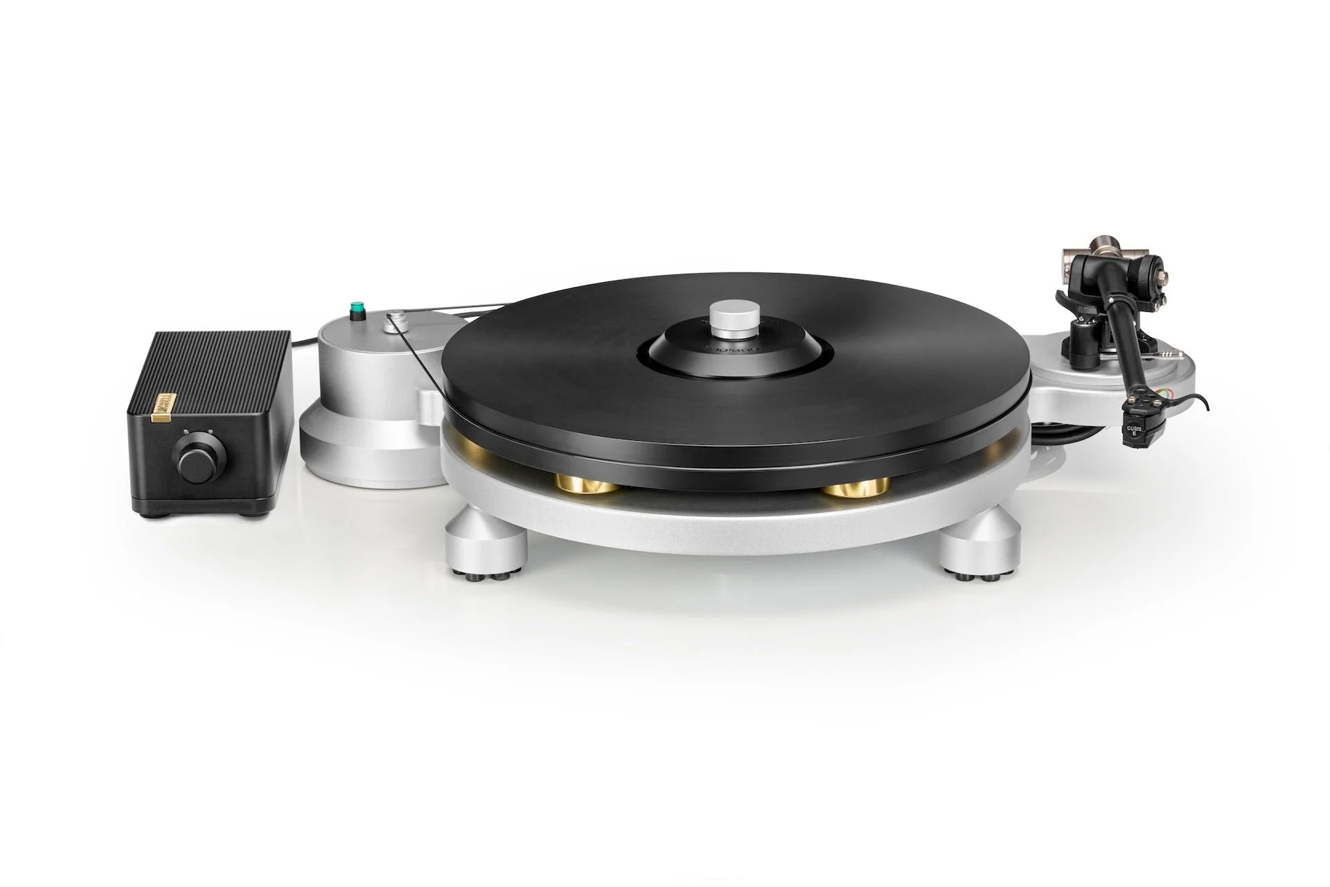 Close-up of Michell Revolv platter and T8 tonearm