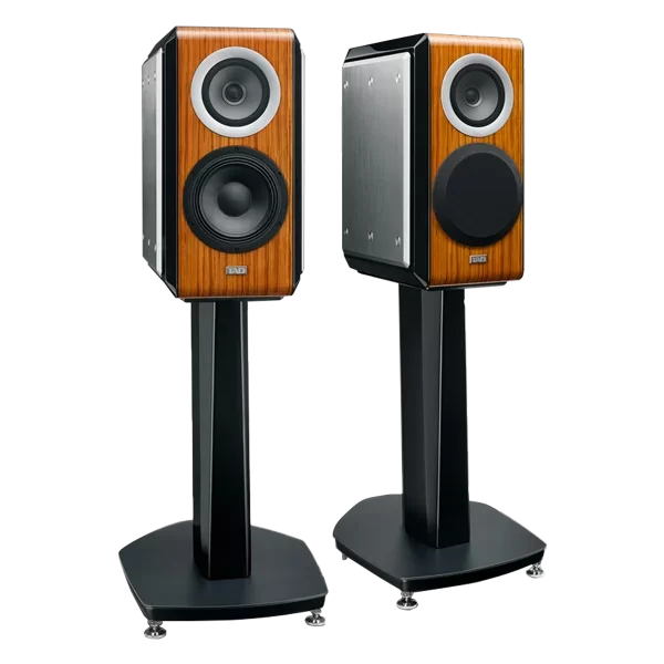 Pair of vintage-style wooden bookshelf speakers on black stands.