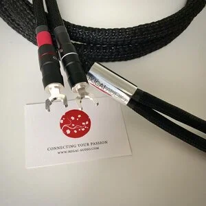Two black audio cables with red and white connectors, placed next to a white card with a red globe logo and text that reads 'Connecting Your Passion WiLIGAI.COM'.