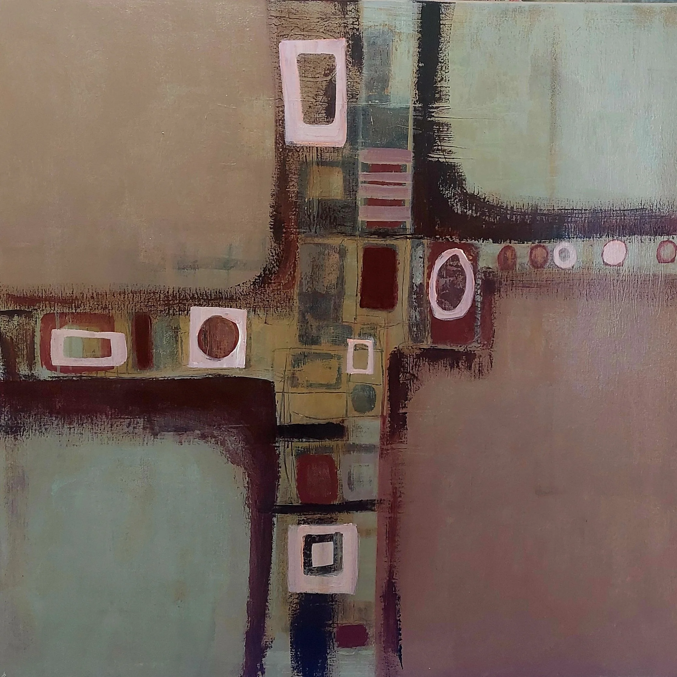 'The crux of the argument', 2025, 75cm x 75cm, acrylic and mixed media on stretched canvas 