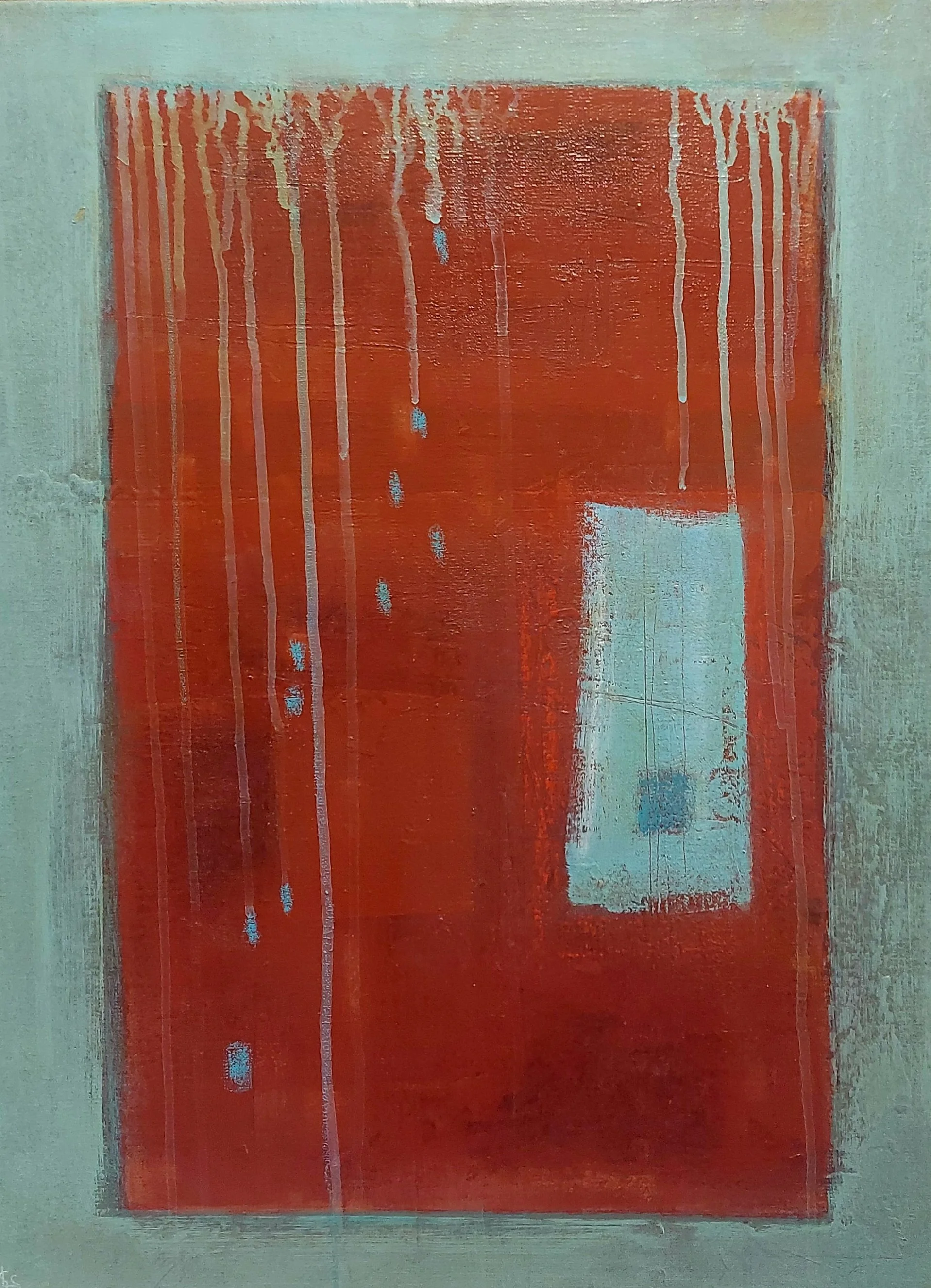 'Seeing red and feeling blue', 2025, 60cm x 45cm, acrylic and mixed media on stretched canvas 