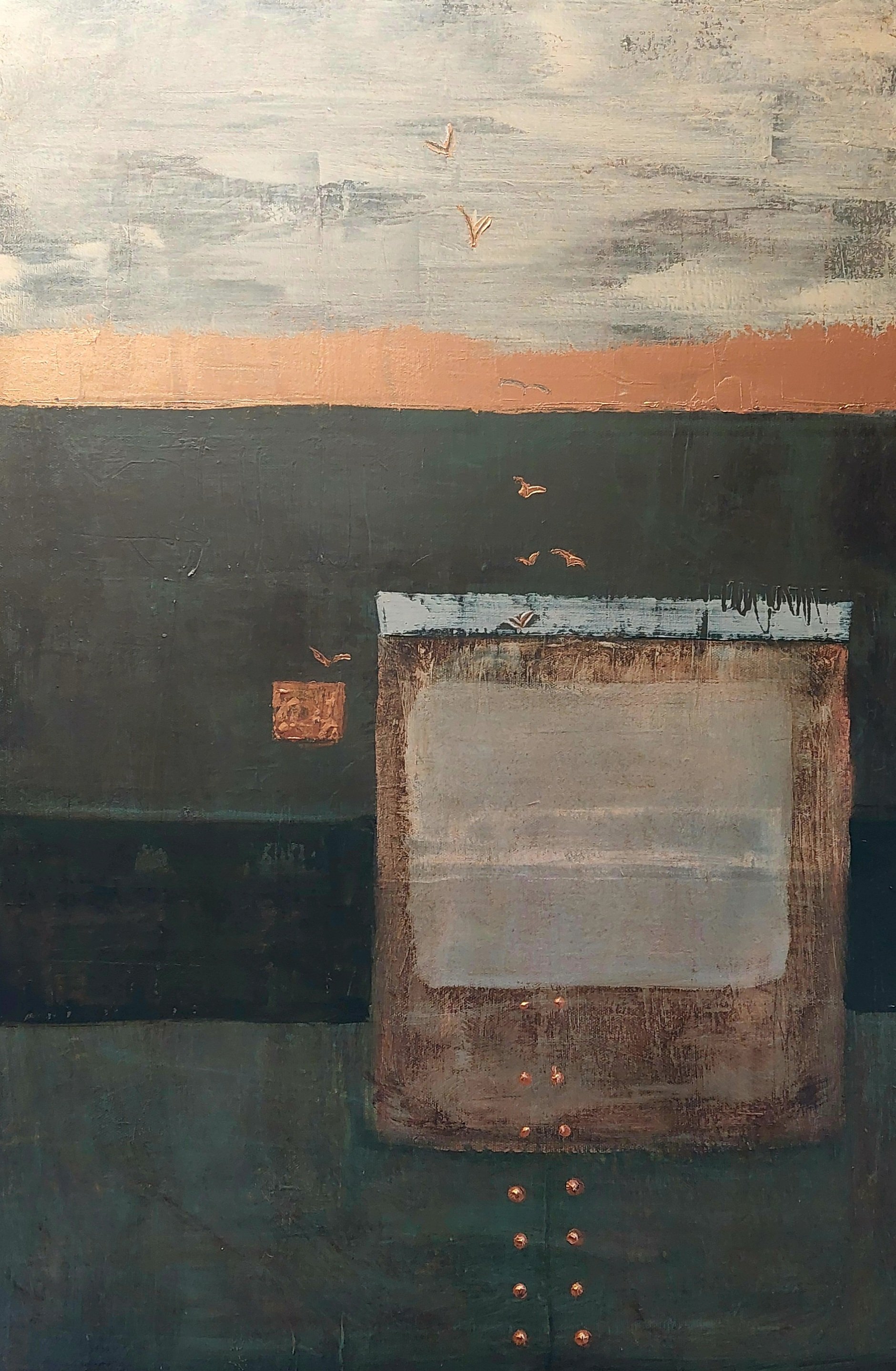 'Boxed in or box of birds?', 2025, 75cm x 50cm, acrylic and mixed media on stretched canvas 