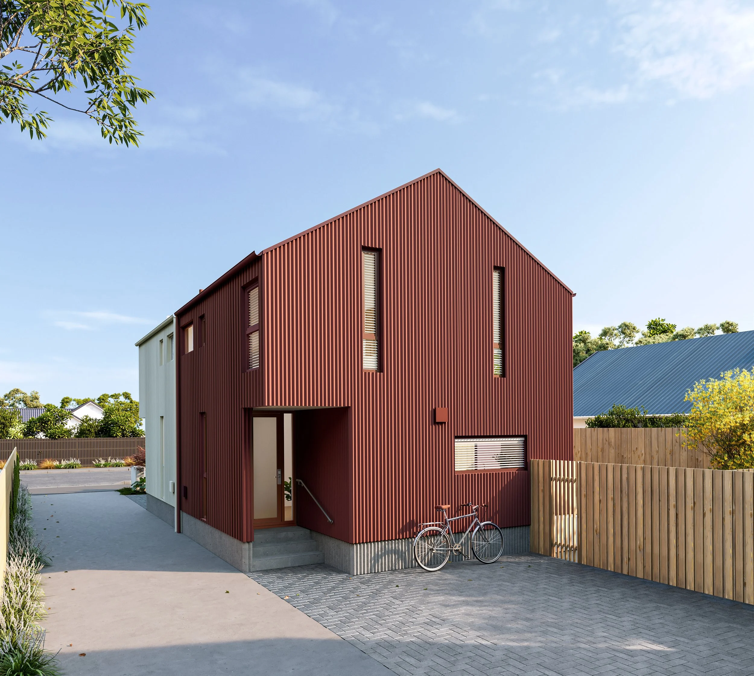 Modern two-story house with a reddish-brown corrugated metal exterior, small windows, a bicycle parked outside, and a wooden privacy fence.