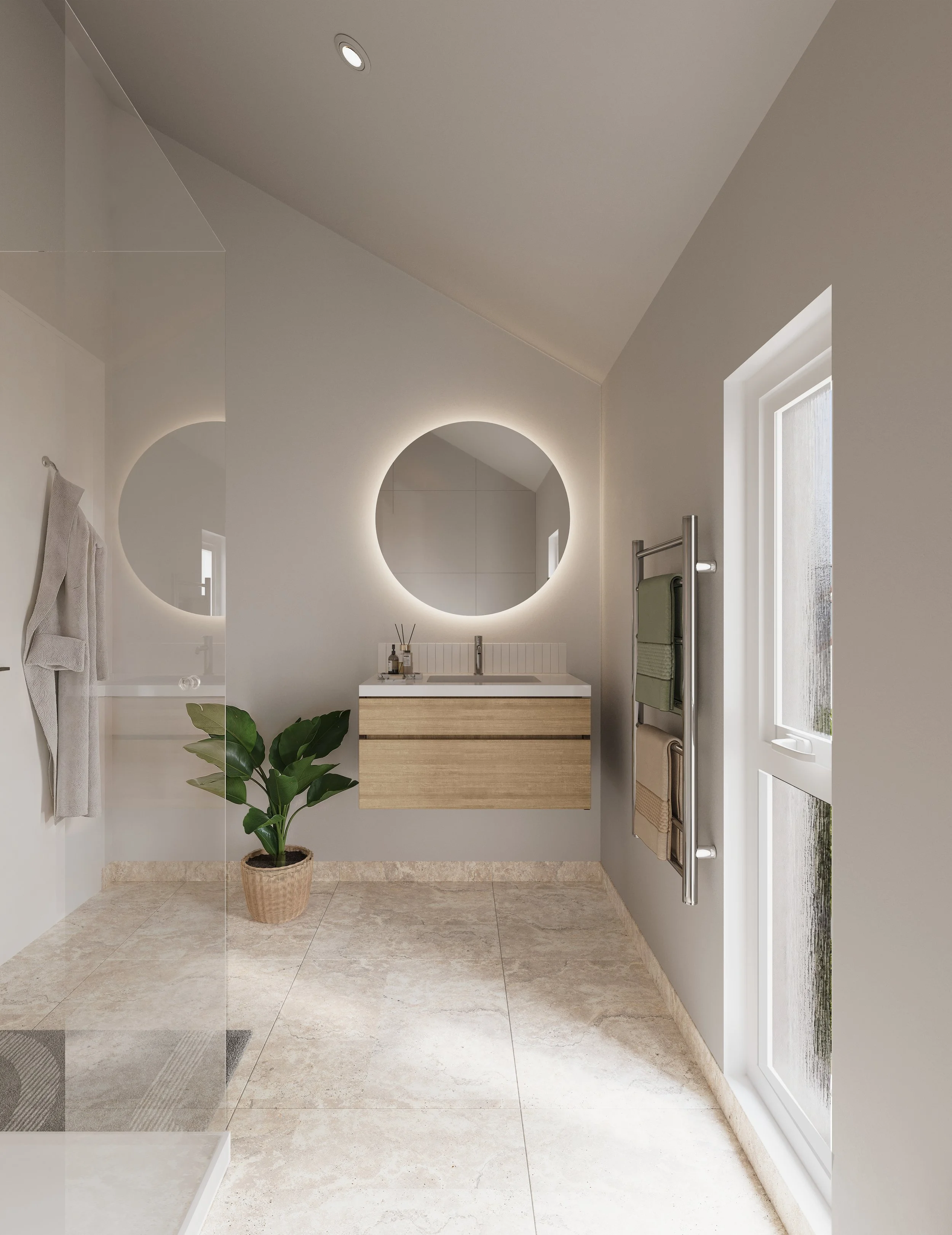 Modern bathroom with a floating wooden vanity, round backlit mirror, potted plant, heated towel rack with folded towels, and a large window with natural light.