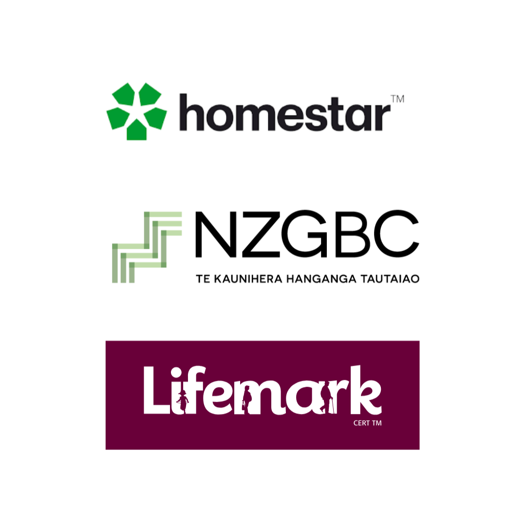 Logos of Homestar, NZGBC, and Lifemark on a white background.