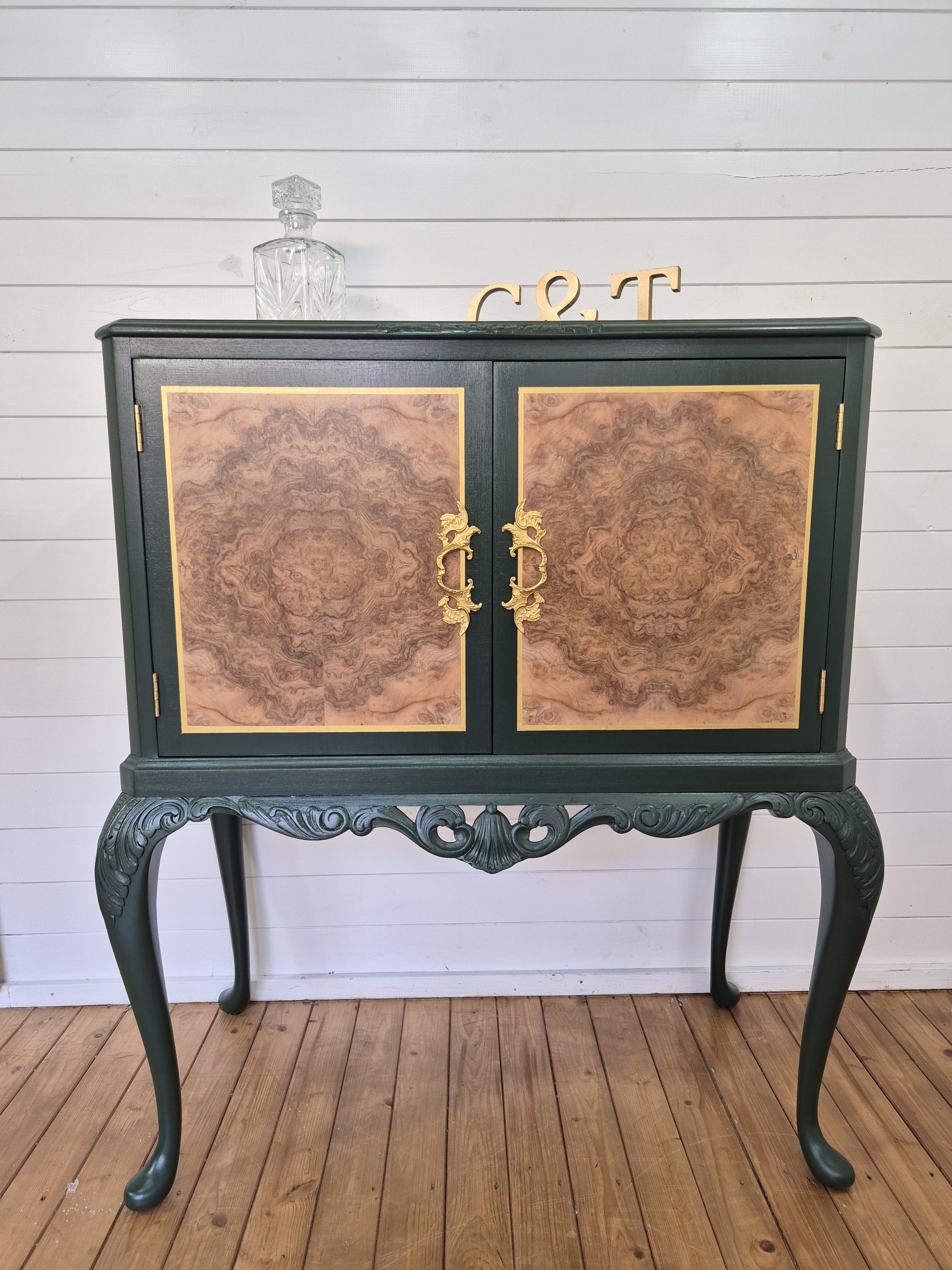 Vintage Queen Anne Burr Walnut drinks cabinet