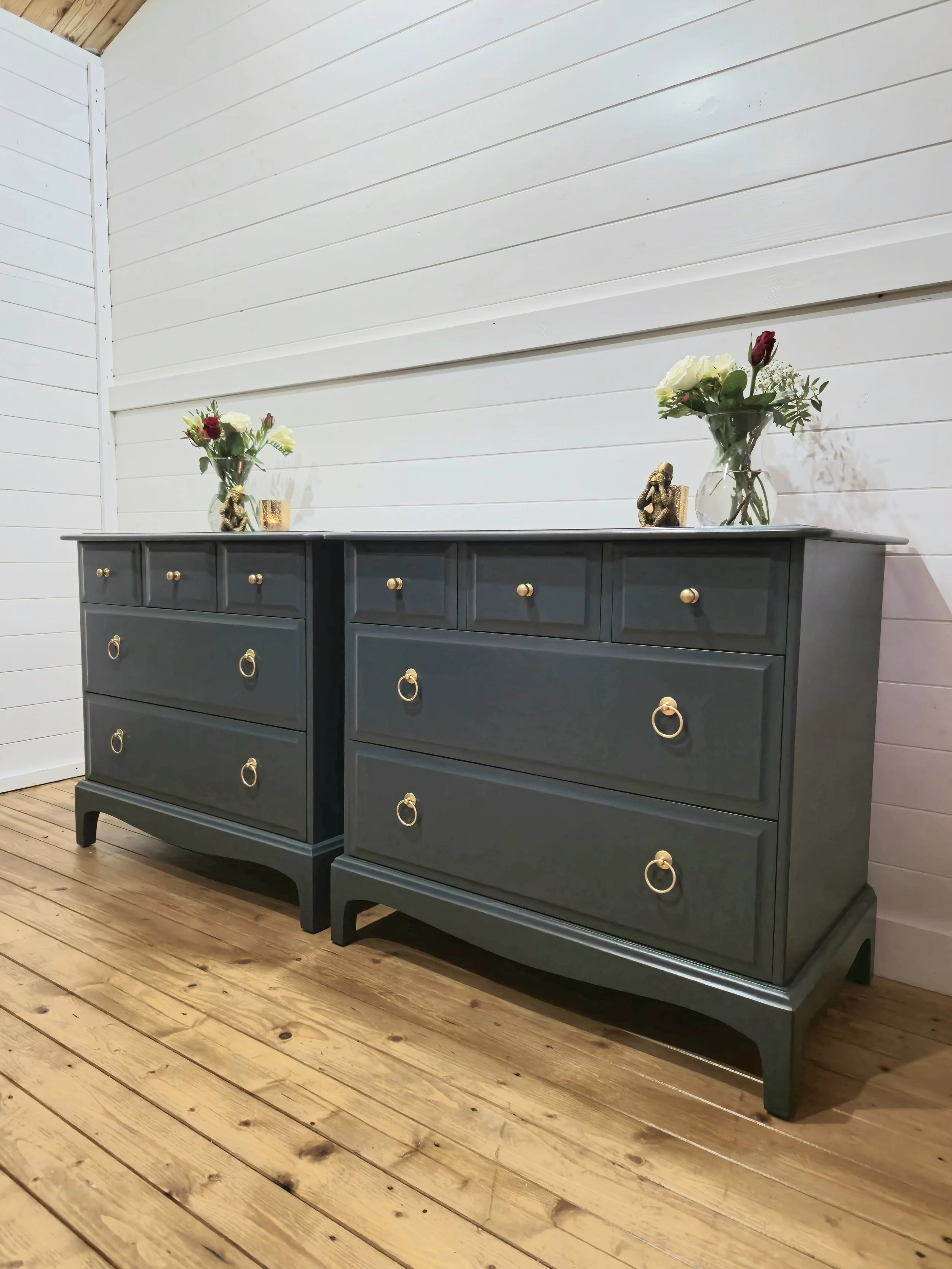 Pair of Stag Minstrel 3/2's Chest of drawers / Extra large Bedsides finished in Mid Blue / Grey 