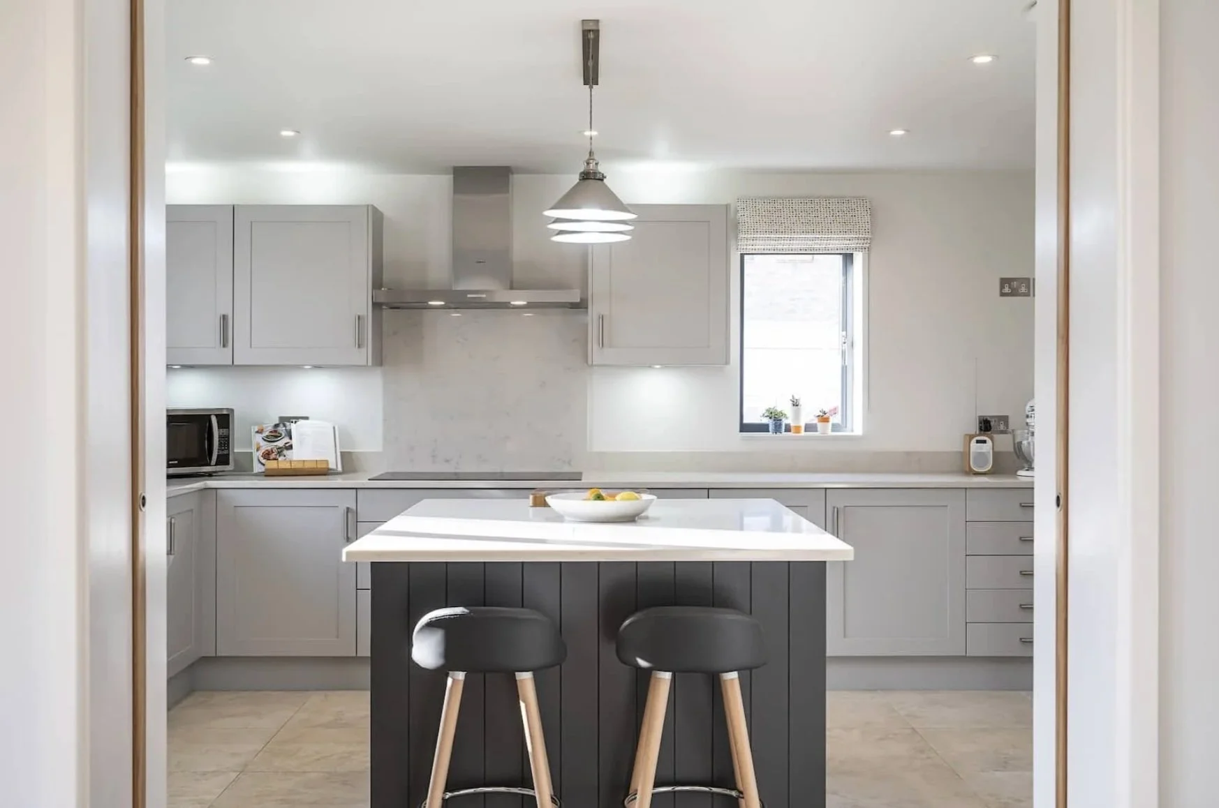Open-Plan Light Grey Shaker Kitchen in Bicester