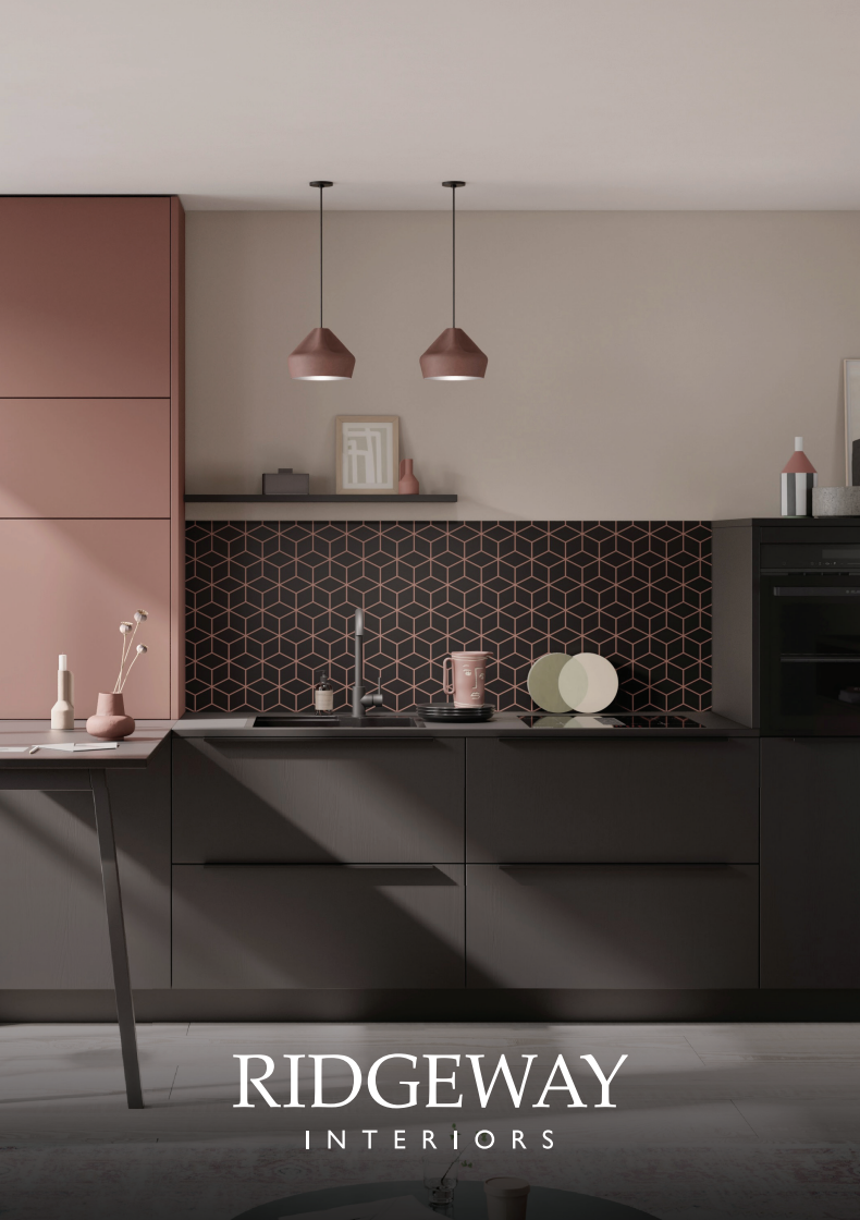A modern kitchen with dark grey cabinetry, pink and black splashback, and pendant lights
