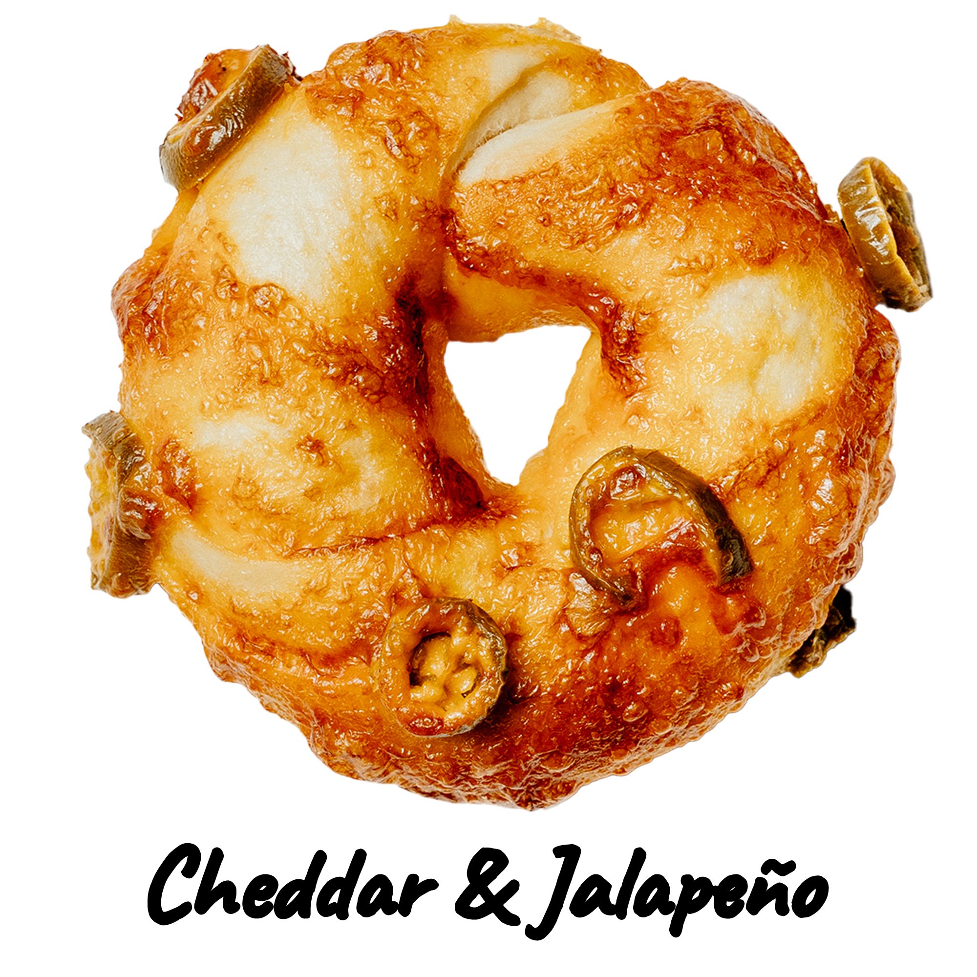 Baked bagel with cheese, cheddar, and jalapeño slices, labeled Cheddar & Jalapeño.