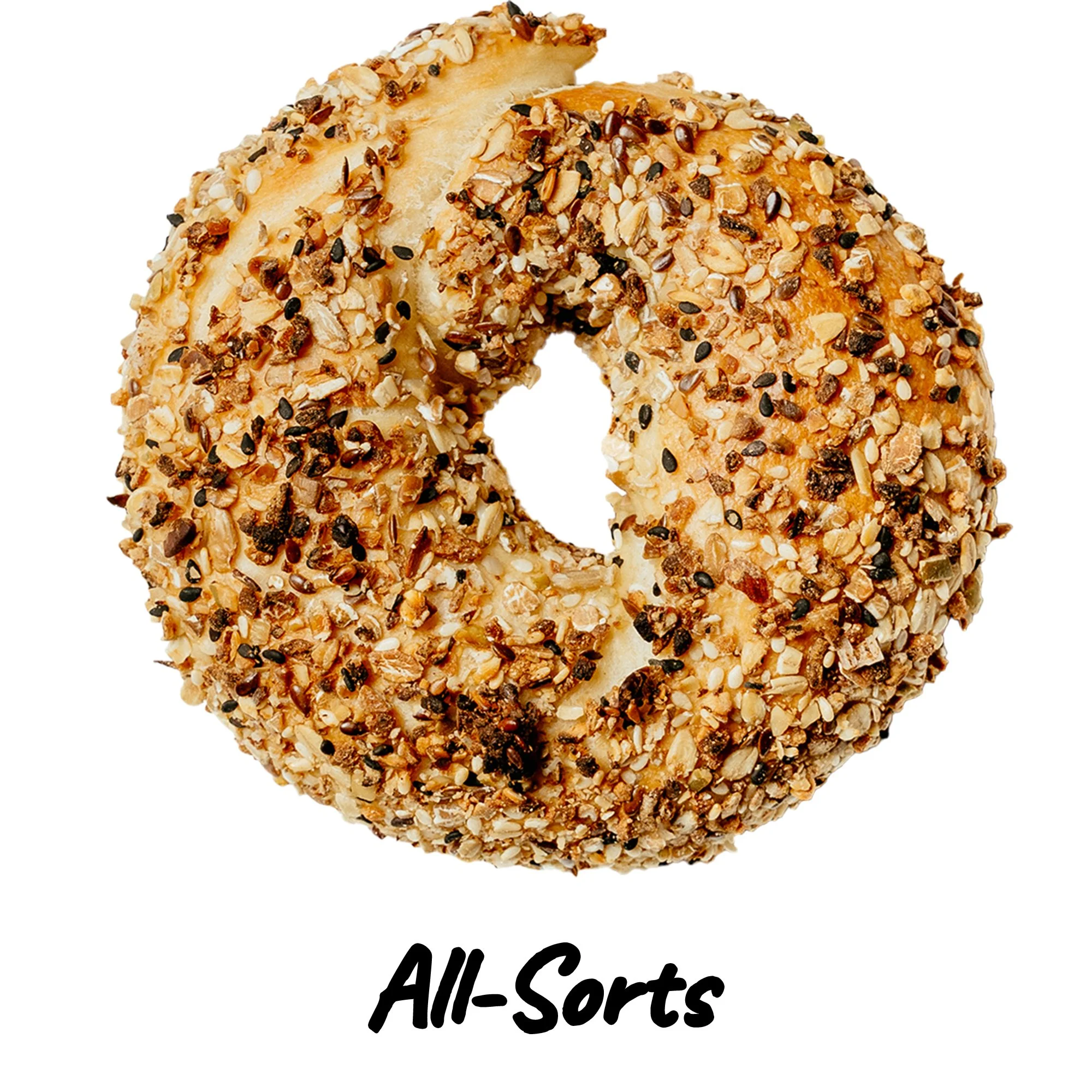A close-up image of a bagel coated with mixed seeds and grains, with the label 'All-Sorts' underneath.