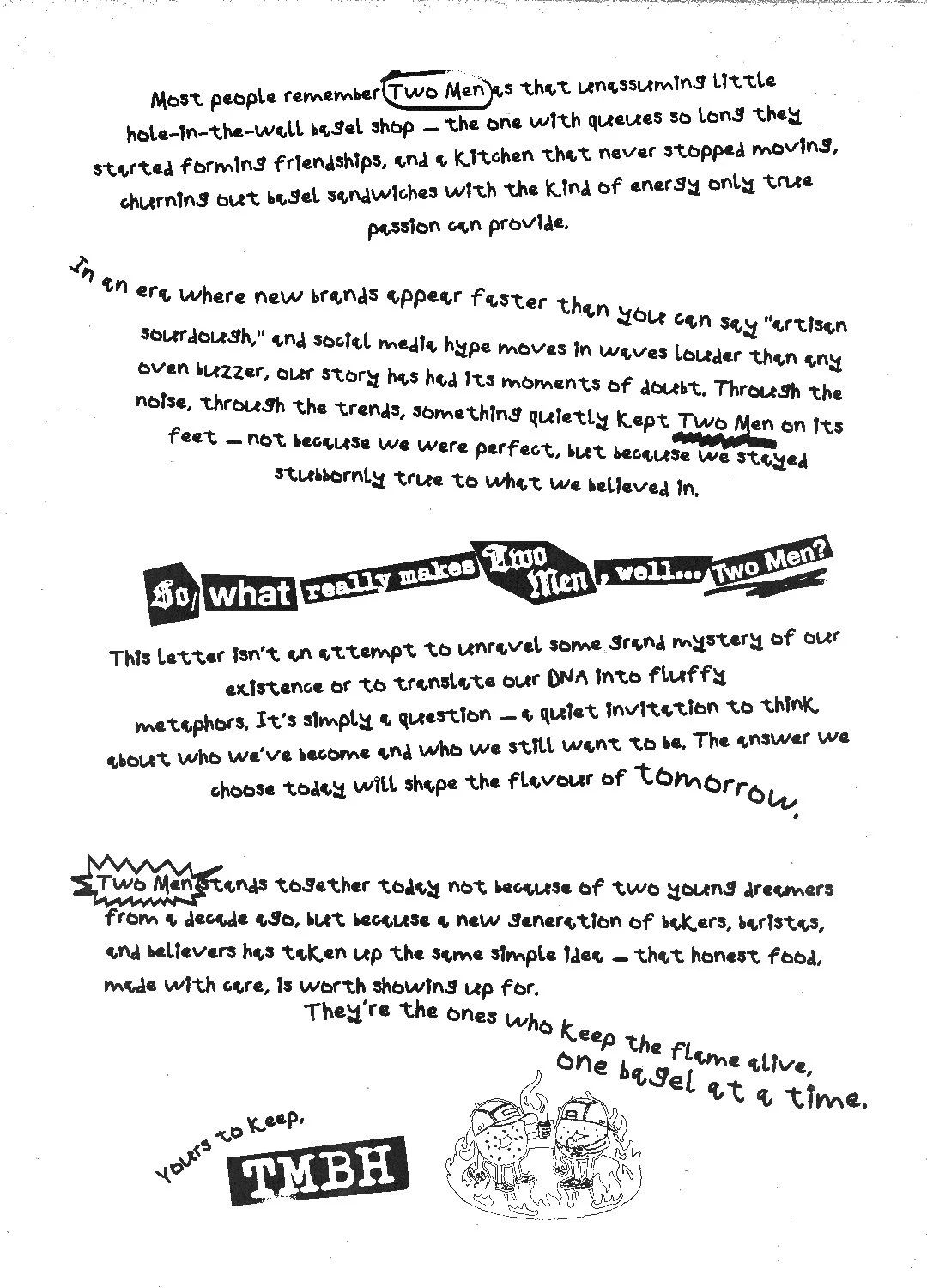 Handwritten letter discussing the theme of 'Two Men' with decorative text and doodles of two cartoon men sitting at a campfire.