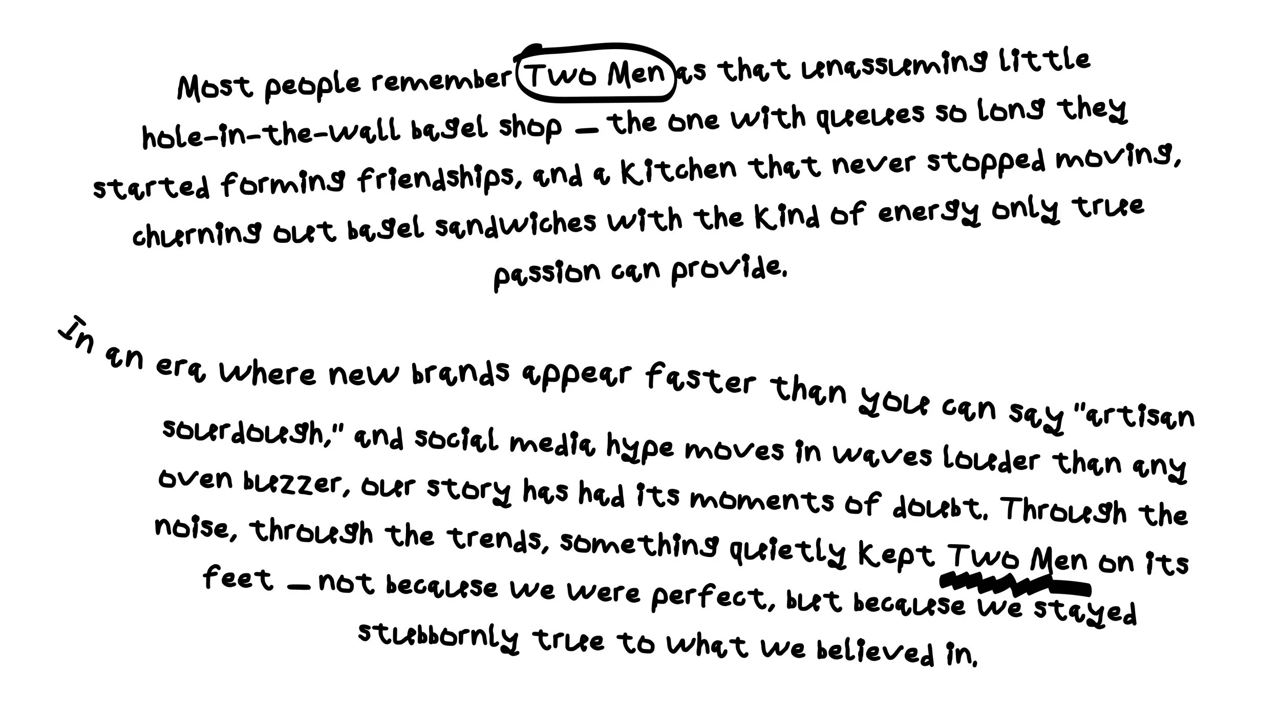 Handwritten text about the cultural significance of the term "Two Men" in modern society, mentioning social media and branding.