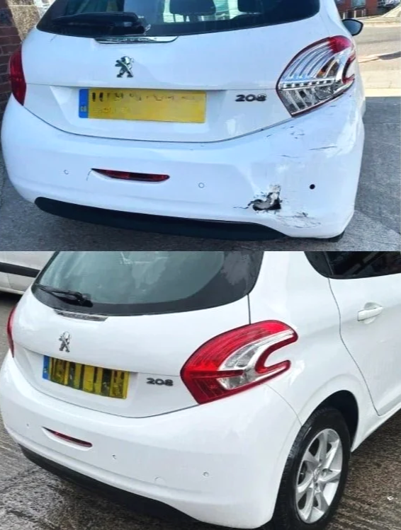 Comparison of a white Peugeot 208 with a damaged rear bumper in the top image and the same car with a repaired or replaced bumper in the bottom image.