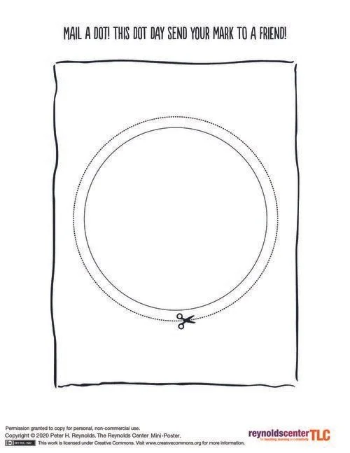 Printable "Mail a Dot" activity sheet with instructions to cut out and send as a mark for International Dot Day, featuring a circular outline and scissor icon.