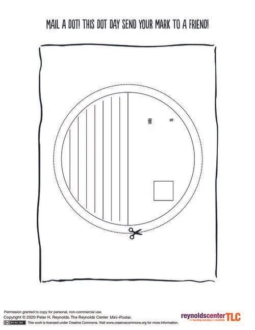 Printable cut-out postcard template with a large circle, lines for writing, and spaces for a stamp and address, encouraging users to "Mail a Dot!"