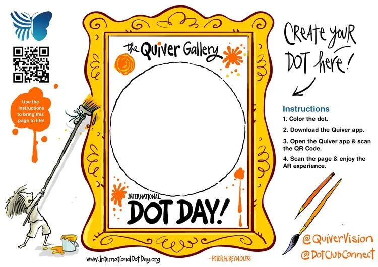International Dot Day coloring activity page with a large dot in the center and instructions for using augmented reality. Decorative orange frame, paintbrush graphic, and website link at the bottom. Includes social media handles and a QR code for mor