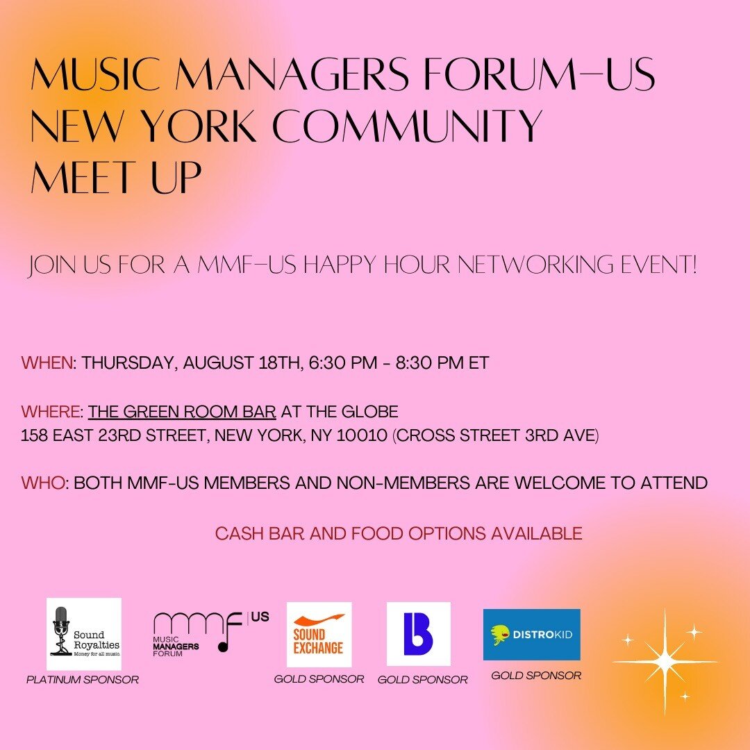 MMF-US is hosting another NY community meet up! Join us on Thursday, August 18th from 6:30 PM to 8:30 PM in the Green Room Bar at The Globe. Meet other #musicmanagers, self-managed artists, and #musicindustryprofessionals!