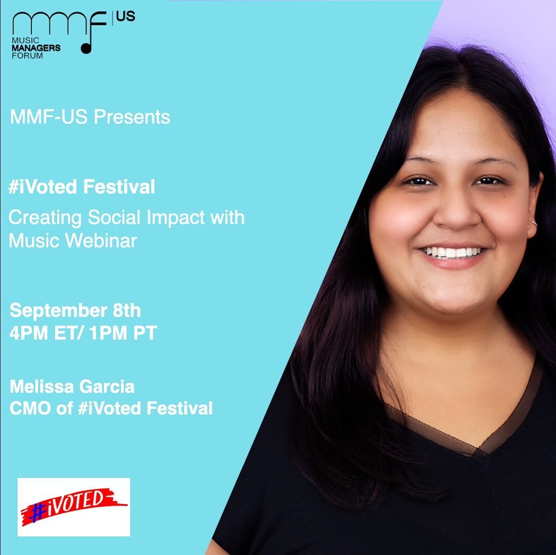 Join Melissa Garcia (CMO of #iVoted Festival) on September 8th at 4 pm ET on how artists, entrepreneurs, and the industry alike can take part in social change.
RSVP:&nbsp;https://us06web.zoom.us/webinar/register/WN_u_Yaq-EySdedy7Z78PfDtA