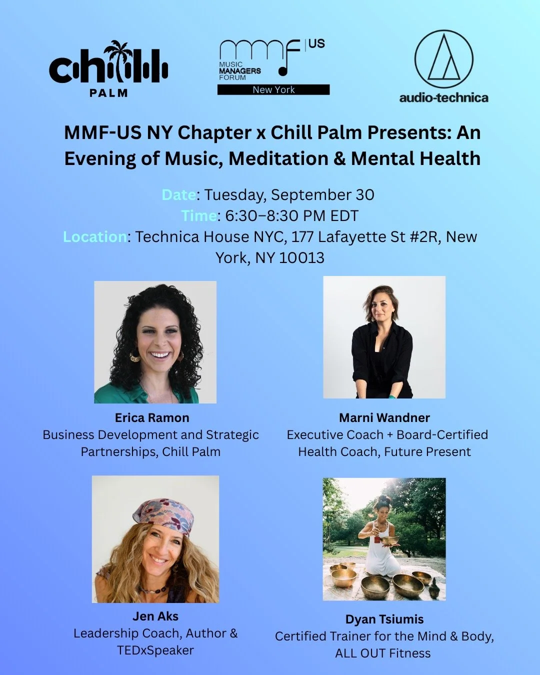 🎶 🎶 @mmf_us NY Chapter x @chillpalmsounds Presents: An Evening of Music, Meditation &amp; Mental Health
📅 Tuesday, September 30 | 6:30&ndash;8:30 PM
🕒 Technica House NYC, 177 Lafayette St #2R, New York, NY 10013

Step into an evening designed to 
