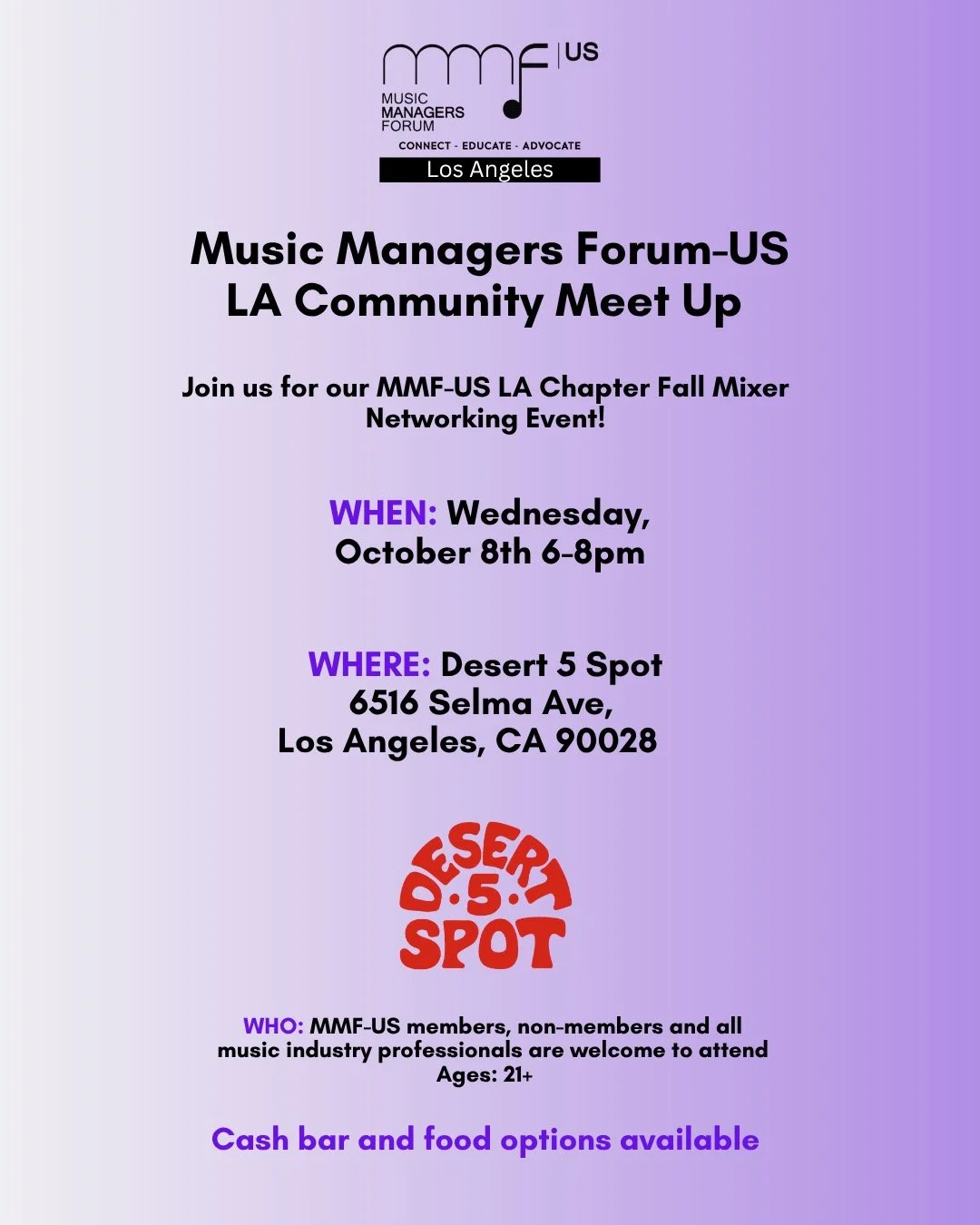 🍂 MMF-US Los Angeles Chapter Fall Mixer
📅 Wednesday, October 8
🕕 6:00 &ndash; 8:00 PM
📍 Desert 5 Spot, 6516 Selma Ave, Los Angeles, CA 90028
The @mmf_us Los Angeles Chapter welcomes you to our Fall Mixer
Join managers, artists, and music industry