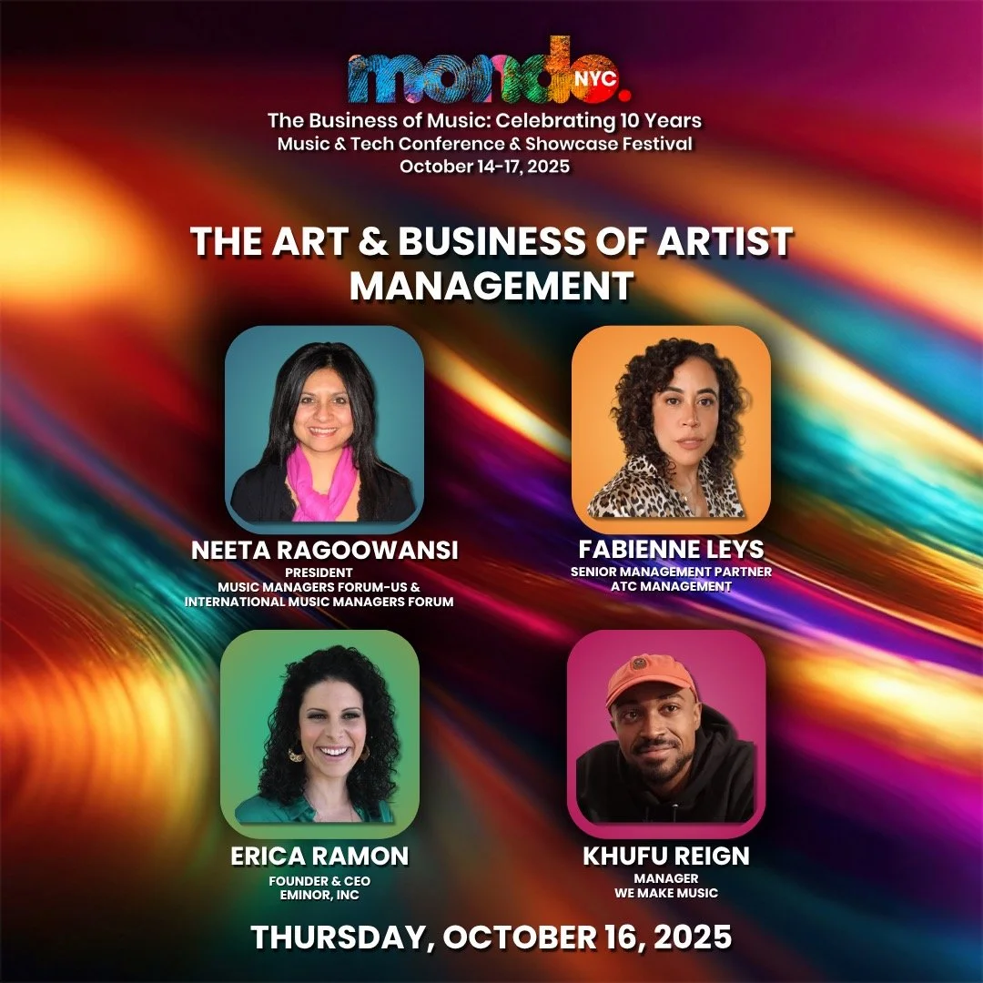 🎶 The Art &amp; Business of Artist Management &mdash; happening this Thursday at @mondonyc!
Join an incredible panel featuring @musikbizgirl, @ifabienne, @khufu, and @theericaramon as they share real-world insights on what it takes to guide artists&
