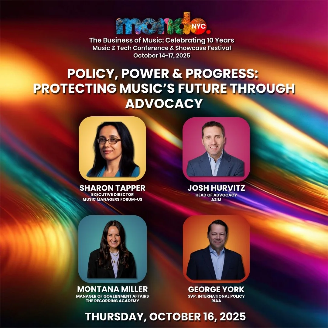 💬 Policy, Power &amp; Progress: Protecting Music&rsquo;s Future Through Advocacy &mdash; happening this Thursday at @mondonyc!
Join @sharonatapper, Josh Hurvitz (@jfhurvitz / @a2im), Montana Miller (@montanamiller03 / @recordingacademy), and George 