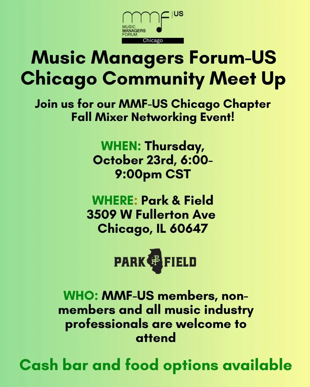 🍁 Chicago &mdash; it&rsquo;s time to mix, mingle, and connect!
Join @mmf_us for our Chicago Chapter Fall Mixer on October 23 at @parkandfield. Meet fellow managers, artists, and music professionals for a relaxed evening of conversation, collaboratio