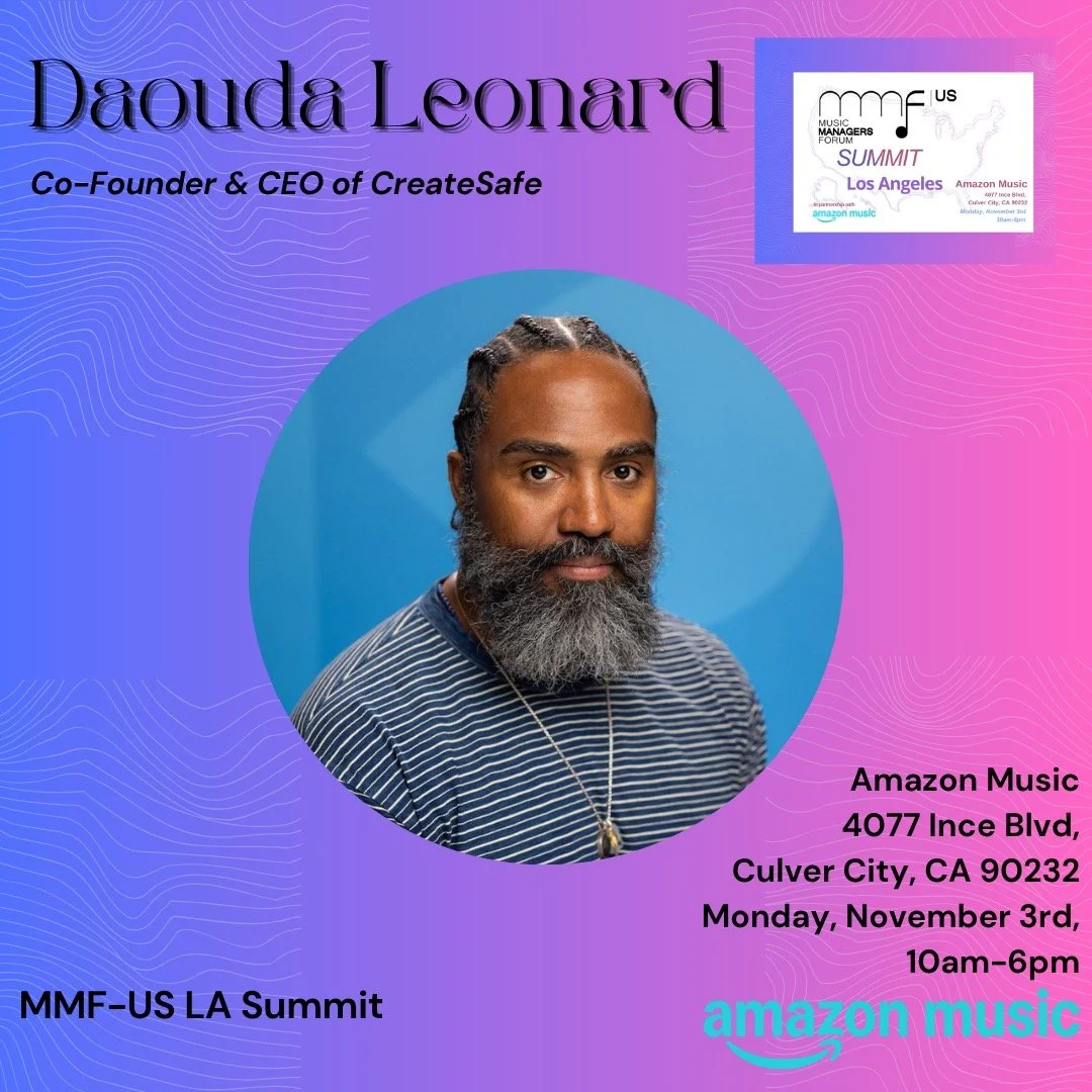 Join us at the @MMF_US LA Summit on Monday, November 3rd at @amazonmusic (4077 Ince Blvd, Culver City, CA)!
We&rsquo;re thrilled to announce @daoudaleonard (Co-Founder and CEO, CreateSafe)
as a Speaker.
This is a unique chance to connect with #Artist
