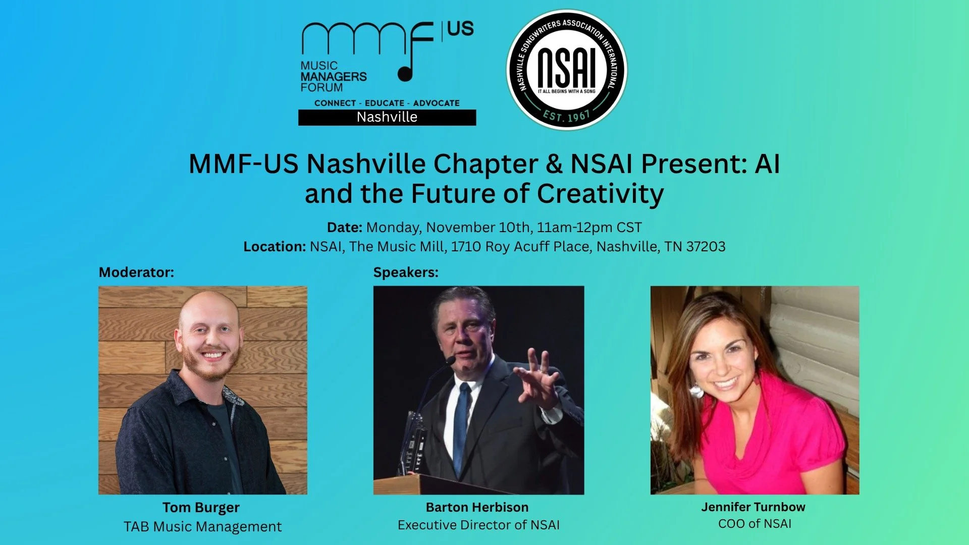 Join us in Nashville for a powerful conversation on AI and the Future of Creativity 🎙️
📅 Monday, November 10th | 11am&ndash;12pm CST
📍 NSAI &ndash; The Music Mill, 1710 Roy Acuff Place, Nashville, TN 37203
Hosted by the MMF-US Nashville Chapter &a