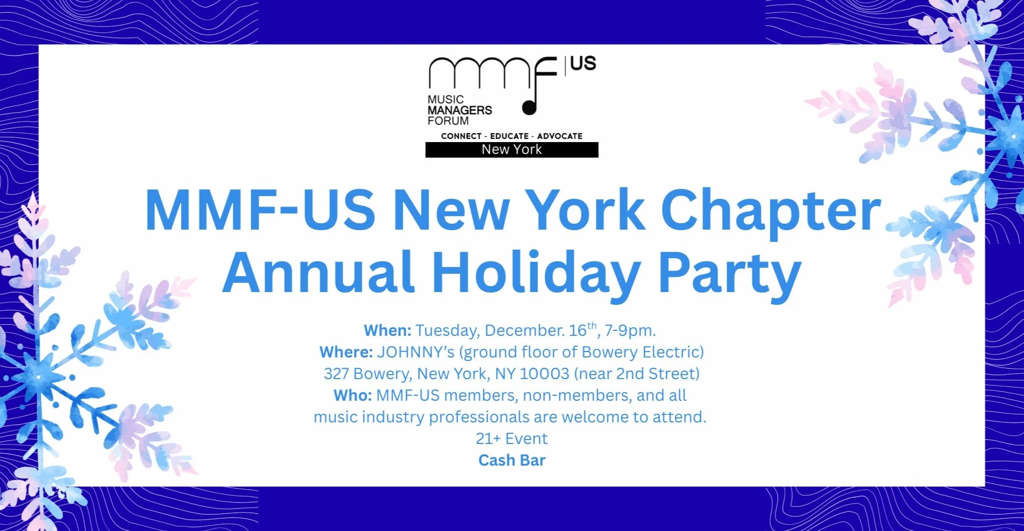 🎉 MMF-US NY Holiday Party! 🎄🗽

NYC managers, artists, and music pros &mdash; let&rsquo;s wrap up the year together in true city style at JOHNNY&rsquo;S inside the Bowery Electric!

Expect cozy vibes, great conversations, and an incredible night wi