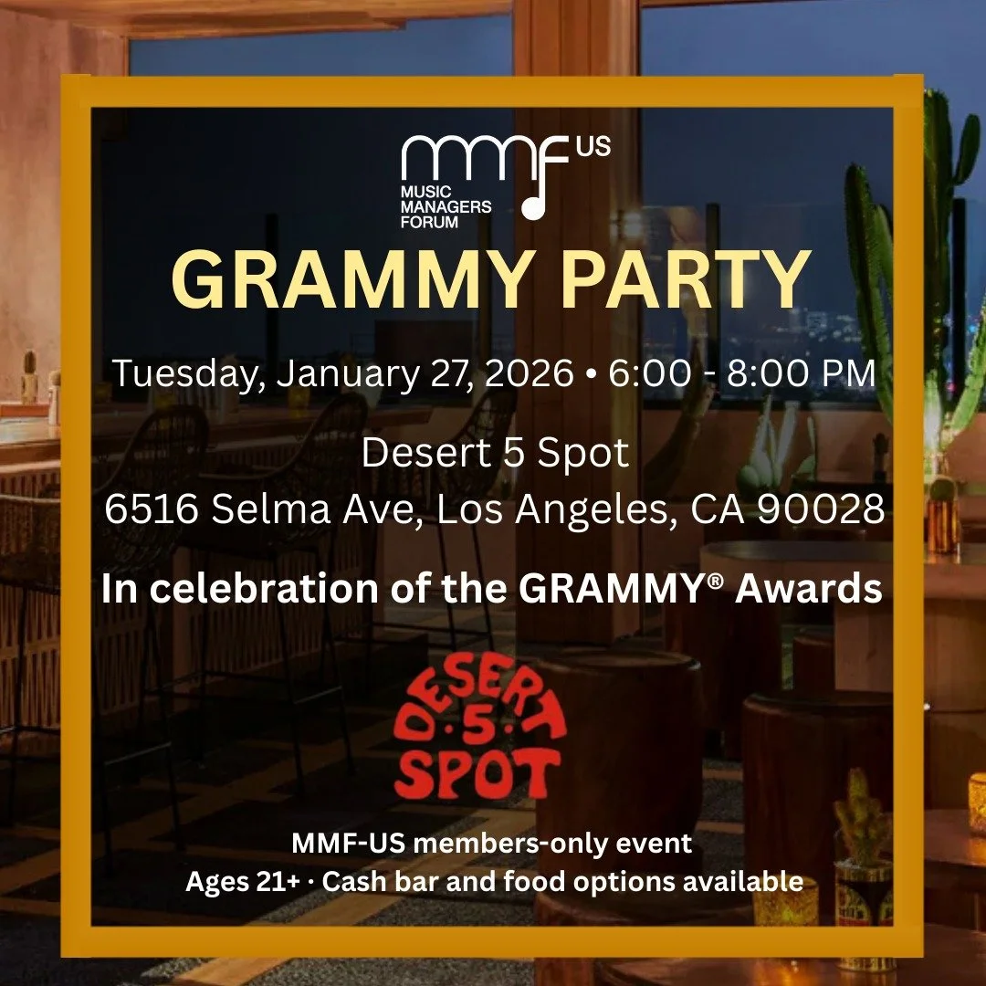 2026 MMF-US GRAMMY Week Party

Join us for our annual members-only celebration on&nbsp;Tues, January&nbsp;27 | 6&ndash;8 PM at&nbsp;@desertfivespotla &nbsp;-&nbsp;the rooftop bar at&nbsp;@hollywoodvolume ,&nbsp;for an evening of connection,&nbsp;cama